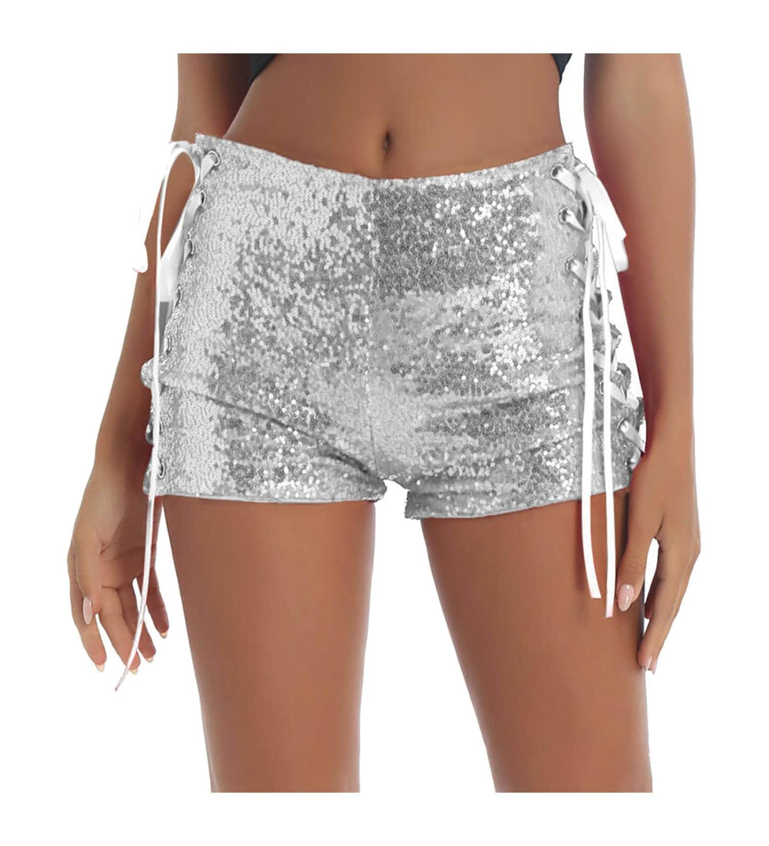 Duohropke Women's Metallic Hotpants | High Waist Sequin Glitter Shorts for Dance Disco & Carnival - Silver M02 - Buy Online on GoSupps.com