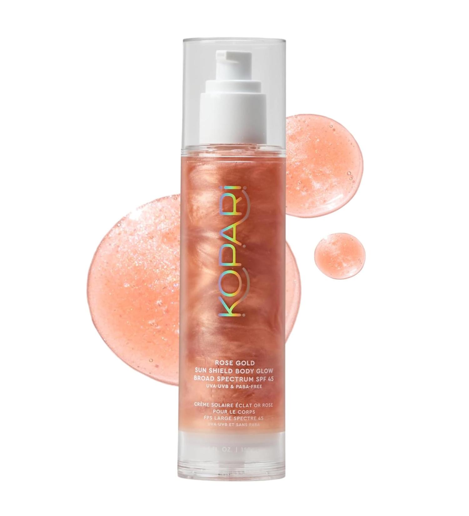Kopari Sun Shield Body Glow Broad Spectrum SPF 45 Lightweight Shimmering Gel Texture Absorbs Quickly Non Sticky Glowing Results Rose Gold 5 oz - Buy Online on GoSupps.com