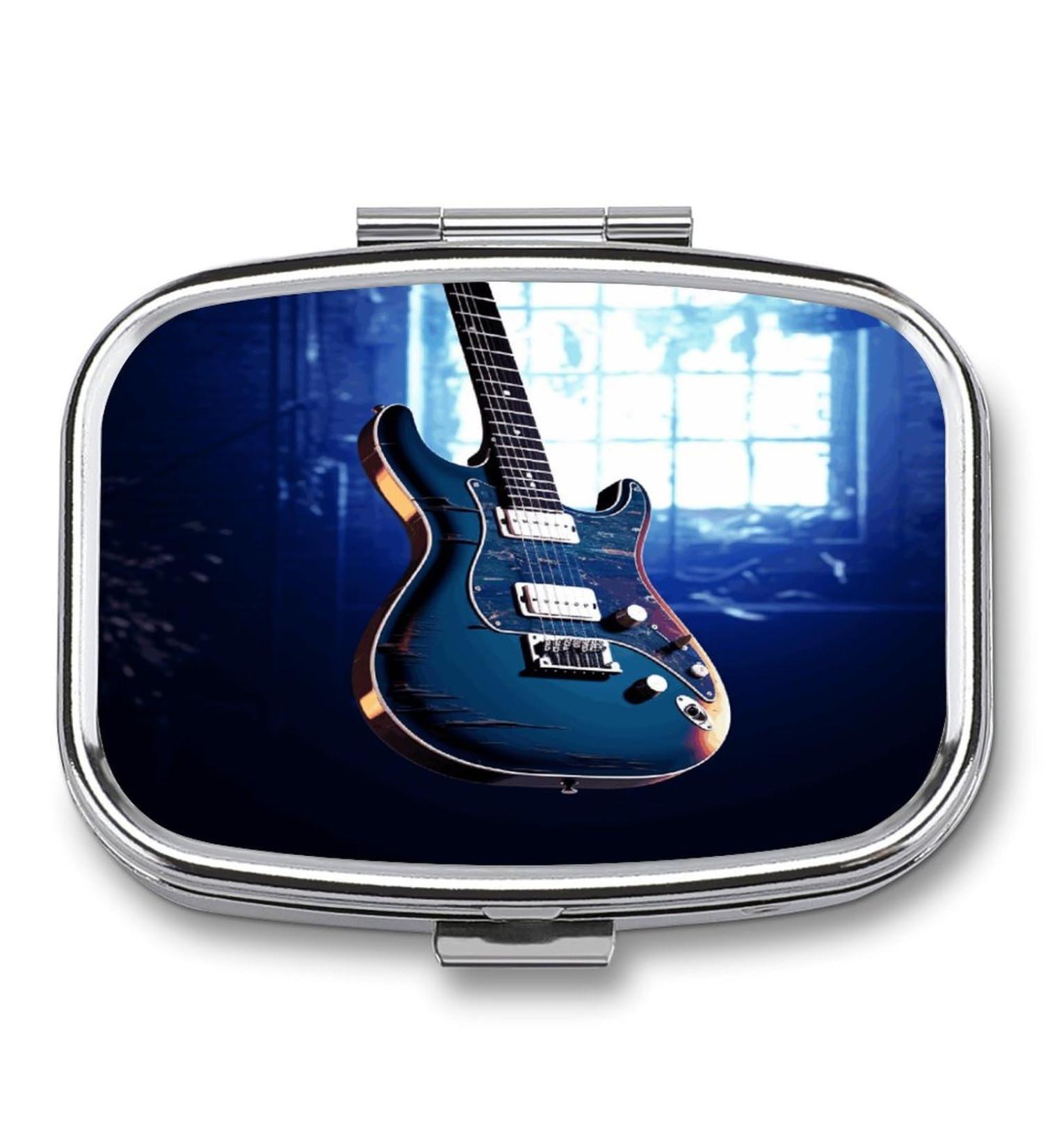Buy Stylish Blue Guitar Print Pill Box | 2 Compartment Metal Pill Organizer for Pocket & Purse - International Shipping Available - Buy Online on GoSupps.com