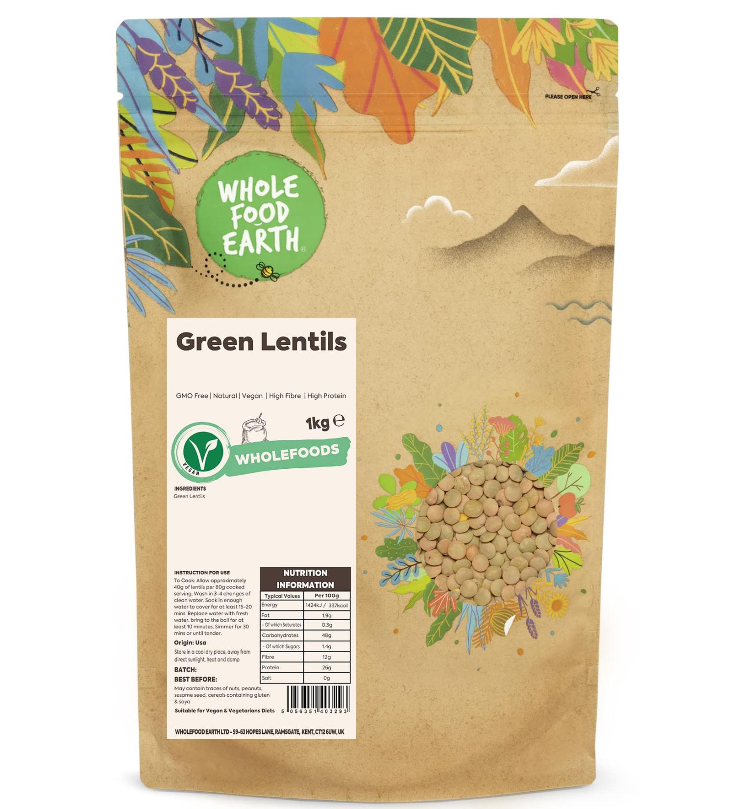 Wholefood Earth Green Lentils 1 kg | GMO Free | Natural | High Fibre | High Protein 1kg - Buy Online on GoSupps.com