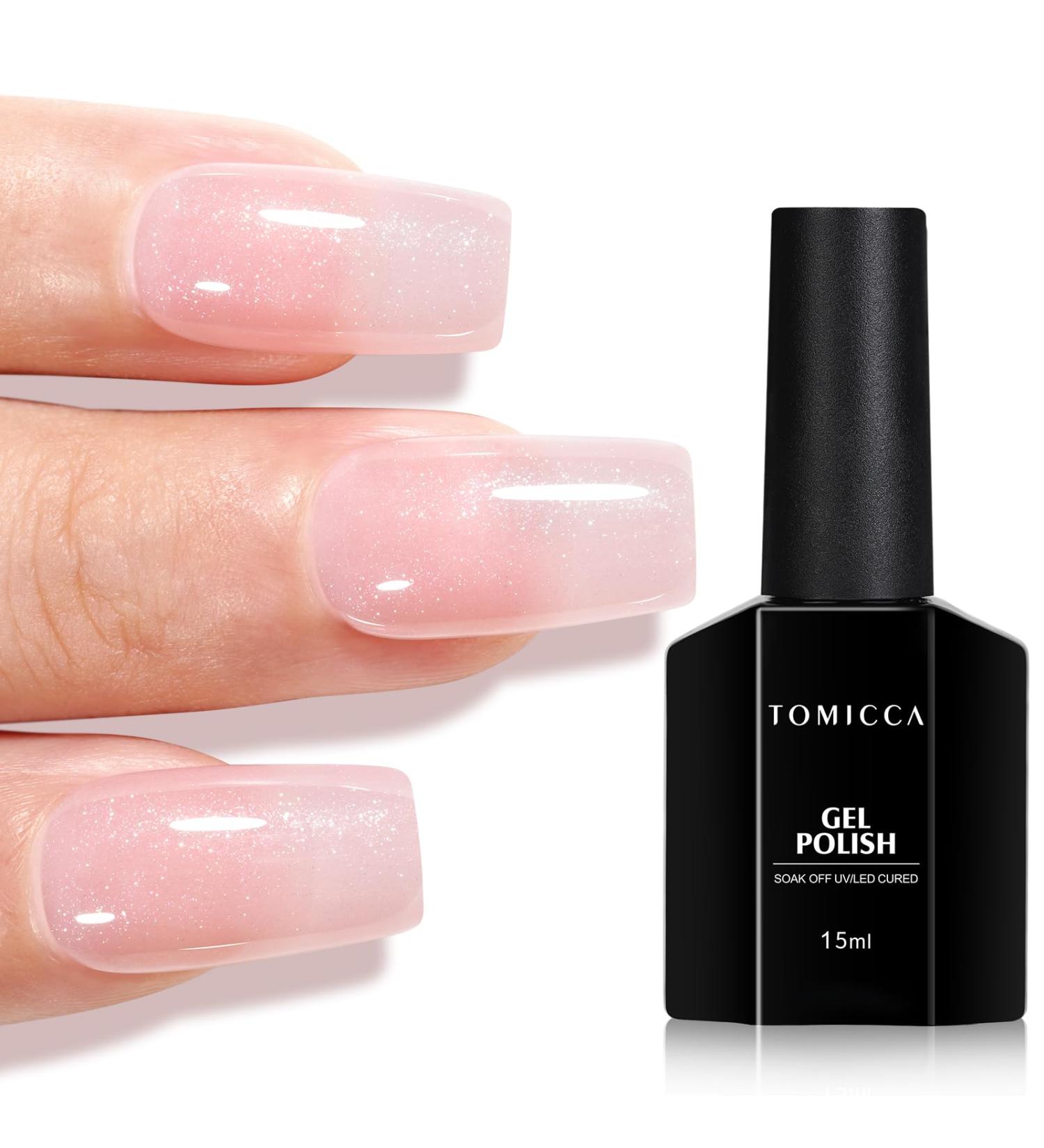 Shop Tomicca UV Nail Polish - Glitter Beige Rose 15ml | Long-Lasting Gel Varnish for Stunning Manicures - Buy Online on GoSupps.com