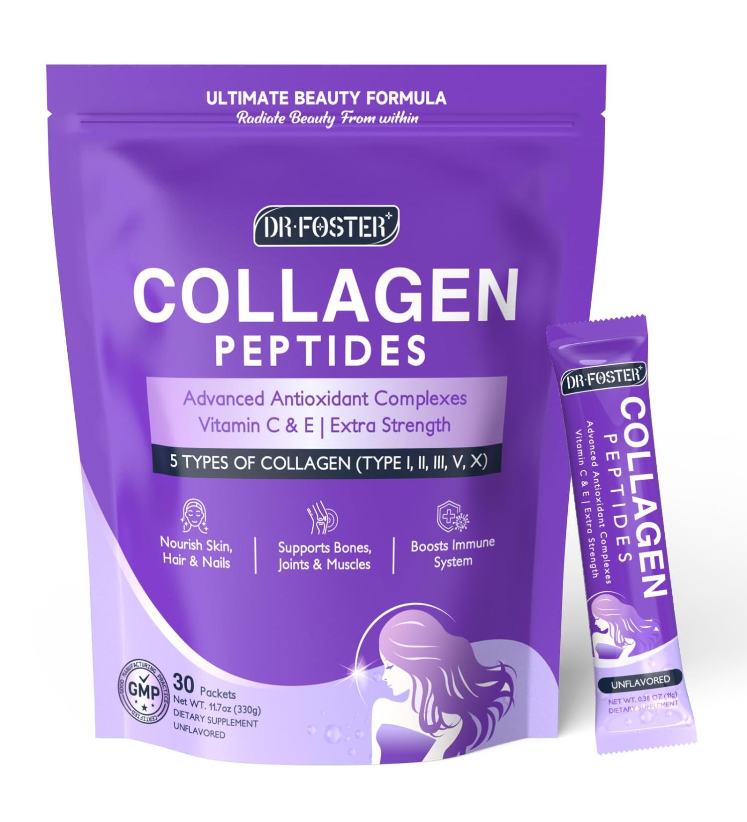 DRFOSTER Collagen-Peptides-Powder-Packets - Multi Type I II III V X Collagen for Women with Antioxidant Blend + Vitamin C & E for Skin Hair Nail & Joint Non-GMO 30 Stick Packs 11.7 Ounce (Pack of 1) - Buy Online on GoSupps.com