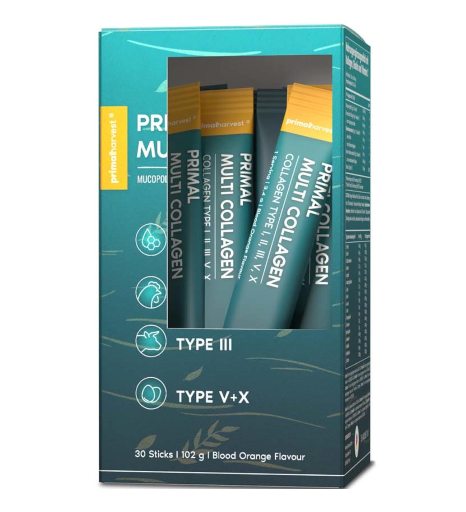Primal Harvest Set of 30 collagen sticks with collagen peptides type I II III IV and X in convenient food supplement packages taste: blood orange  - Buy Online on GoSupps.com