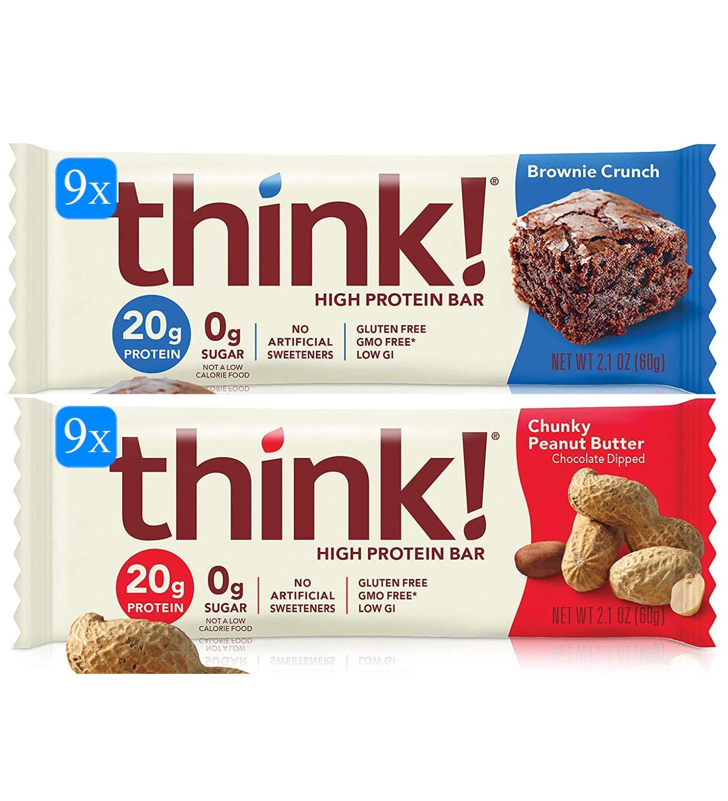 Bulk Buy think! High Protein Bars 18 Bar Variety Pack - 9 Chunky Peanut Butter, 9 Brownie Crunch (2.1 Oz Bars) 18 Count (Pack of 1)