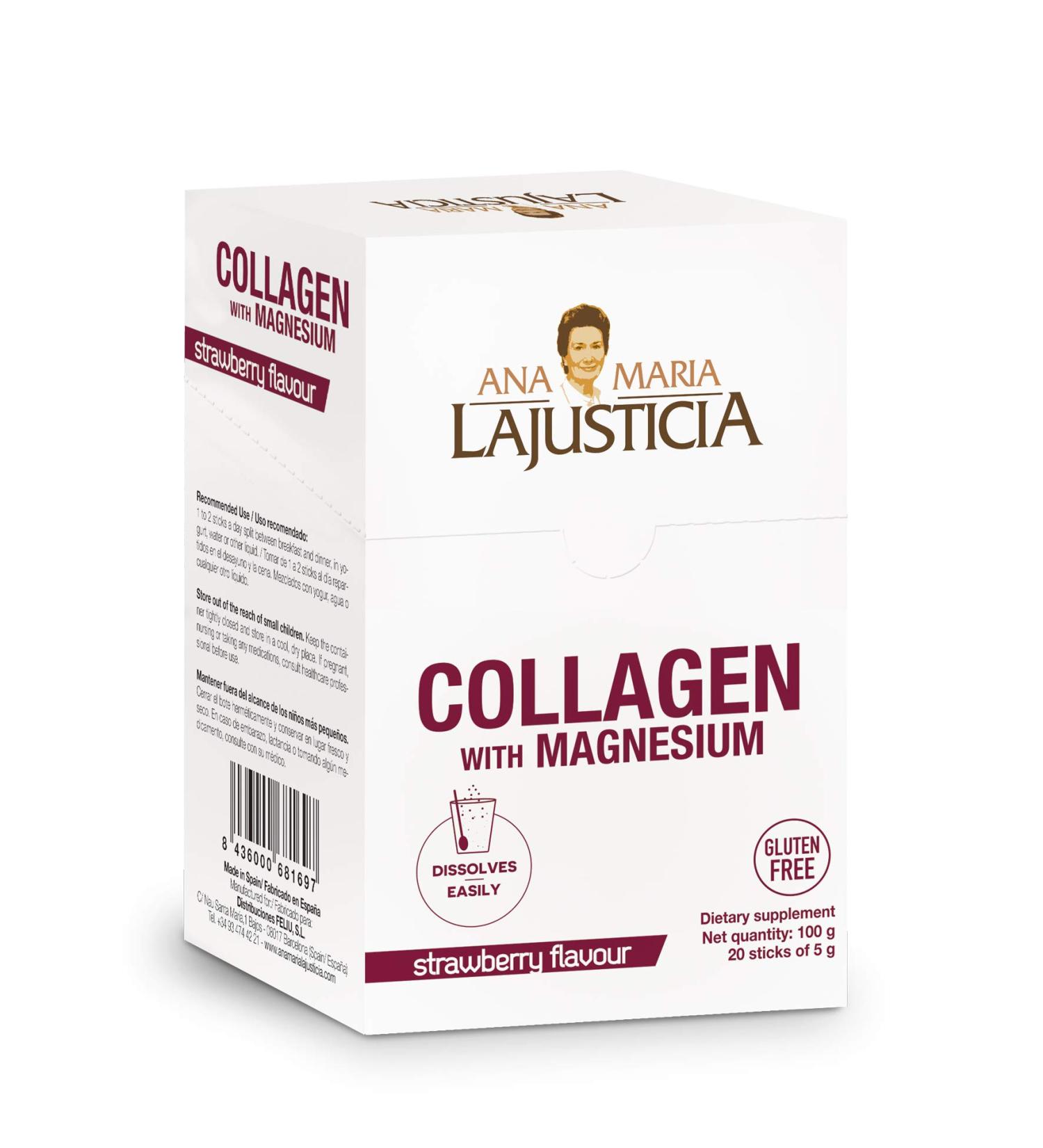 ANA MARIA LAJUSTICIA - Collagen + Magnesium Powder Sticks. Strawberry Flavour - Travel Pack. Hydrolized Collagen for Healthy Skin Bones Nails and Joints. Dairy Gluten and Sugar Free.