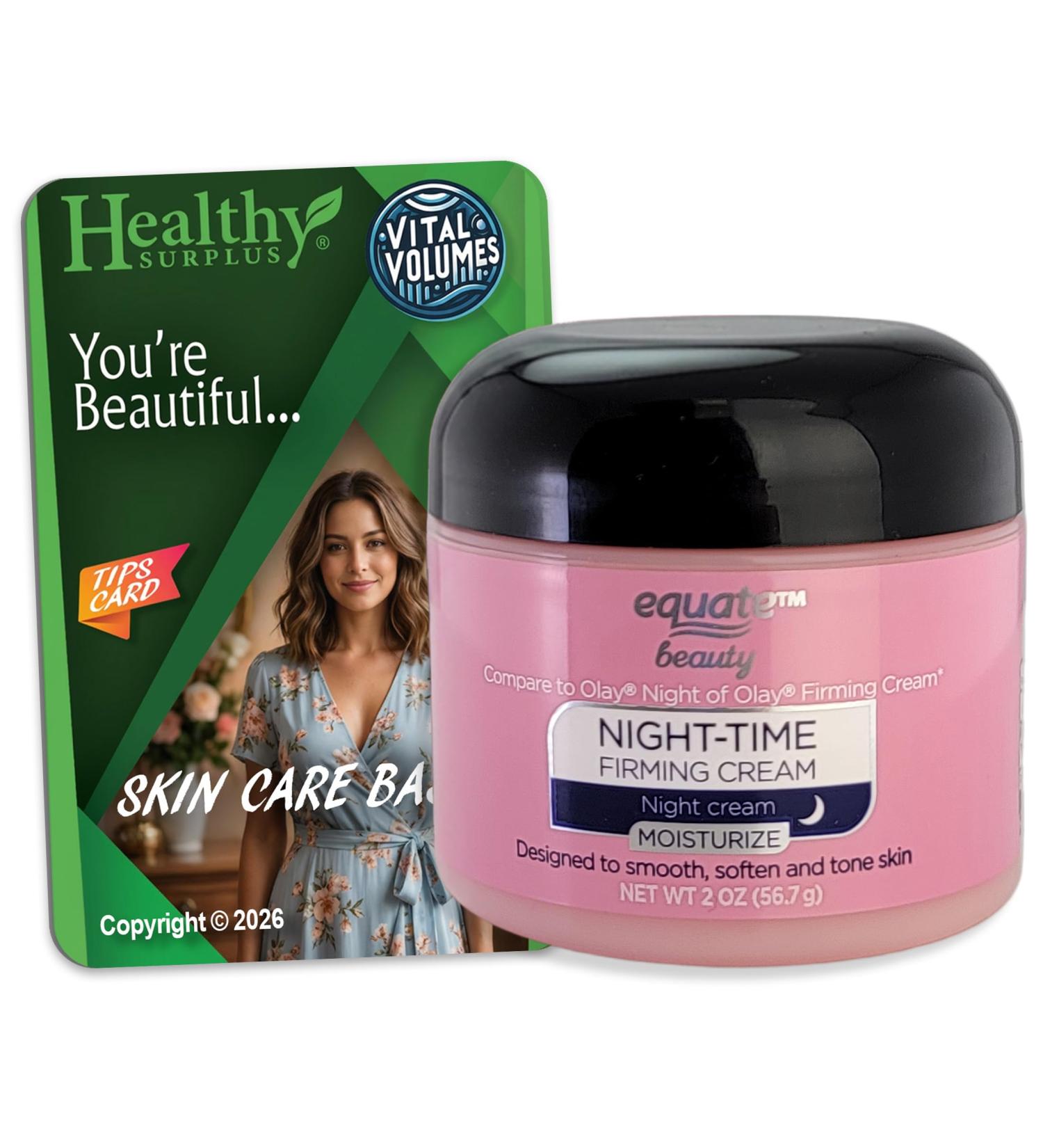 Equate Beauty Night-Time Firming Cream Moisturize - Net Wt 2 Oz (56.7 g) and Vital Volumes Skin Care Basics Tips Card - Buy Online on GoSupps.com