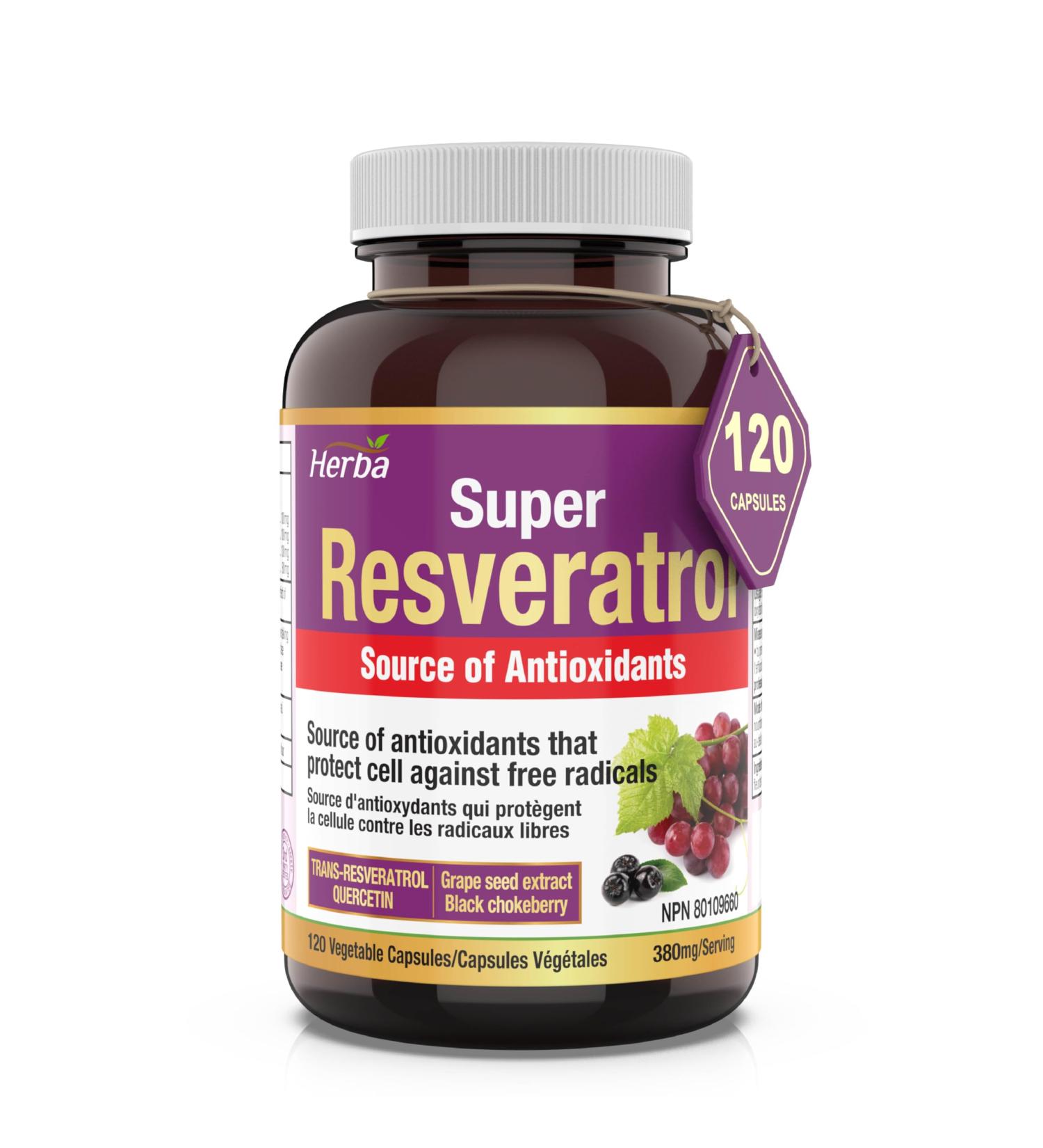 Herba Resveratrol Supplement - 120 Capsules | 98% Trans-Resveratrol with Quercetin Echinacea Grape Seed Extract and Aronia | Powerful Antioxidant Supplement | Made in Canada - Buy Online on GoSupps.com
