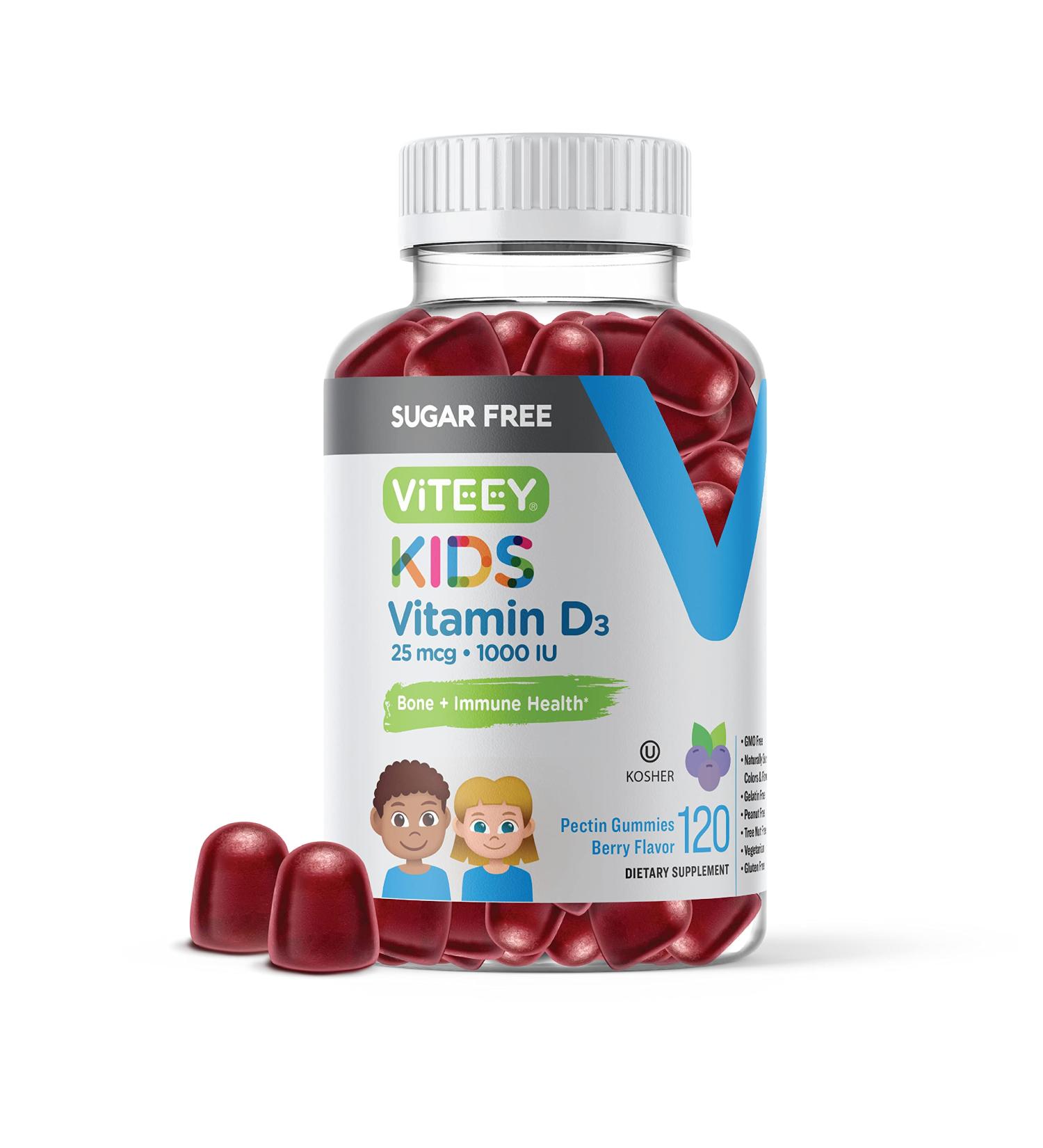 Sugar Free Vitamin D3 Gummies for Kids 25mcg 1000 IU - Bone & Immune Support - 120 Vegetarian Berry Flavored Gummies - Buy Online on GoSupps.com
