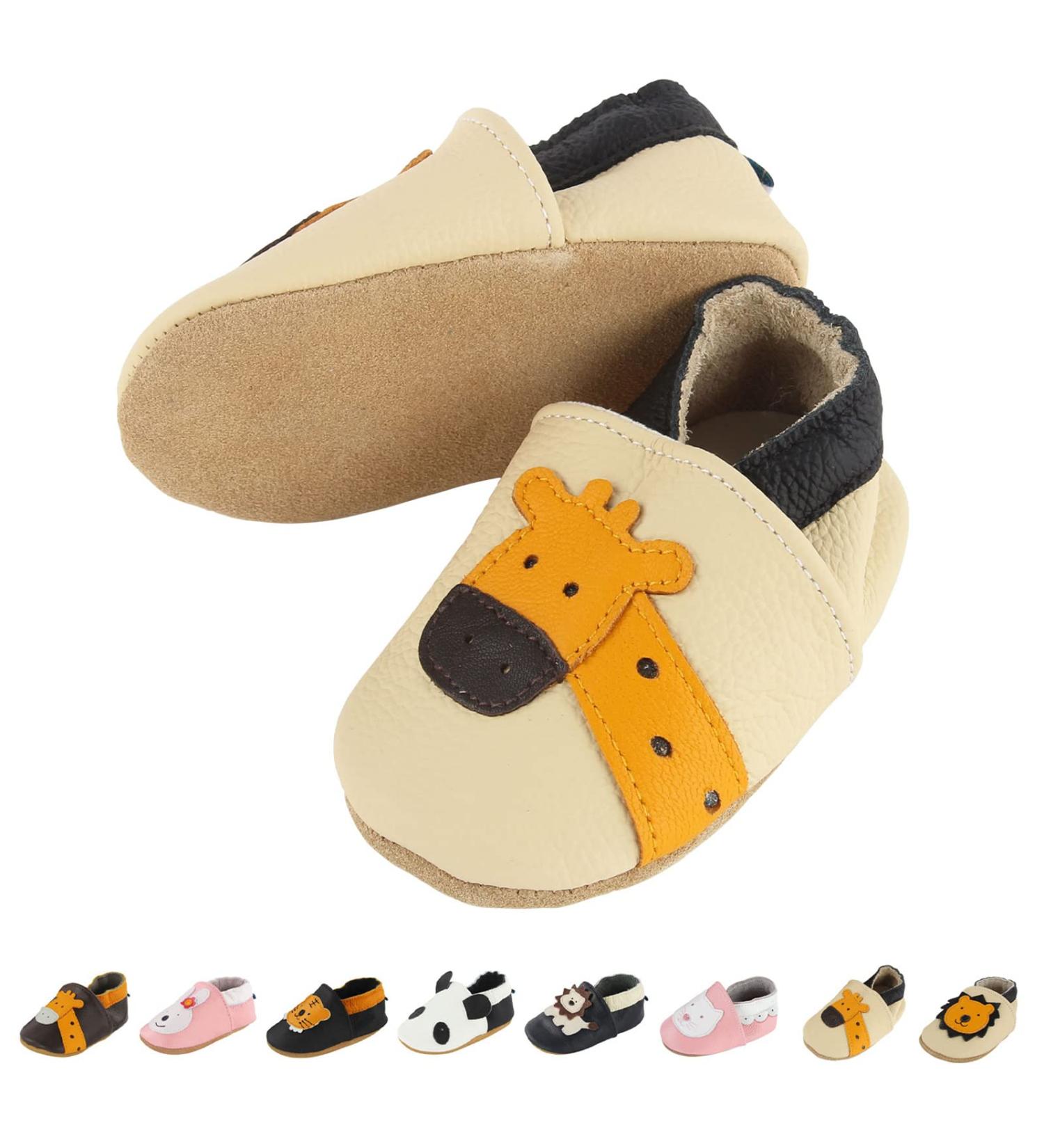 Soft Leather Baby Shoes - Baby Boy & Girl Sneakers | Non-Slip Rubber Soles | Newborn Cartoon Prewalker Shoes | 0-24 Months - Beige Deer - Buy Online on GoSupps.com