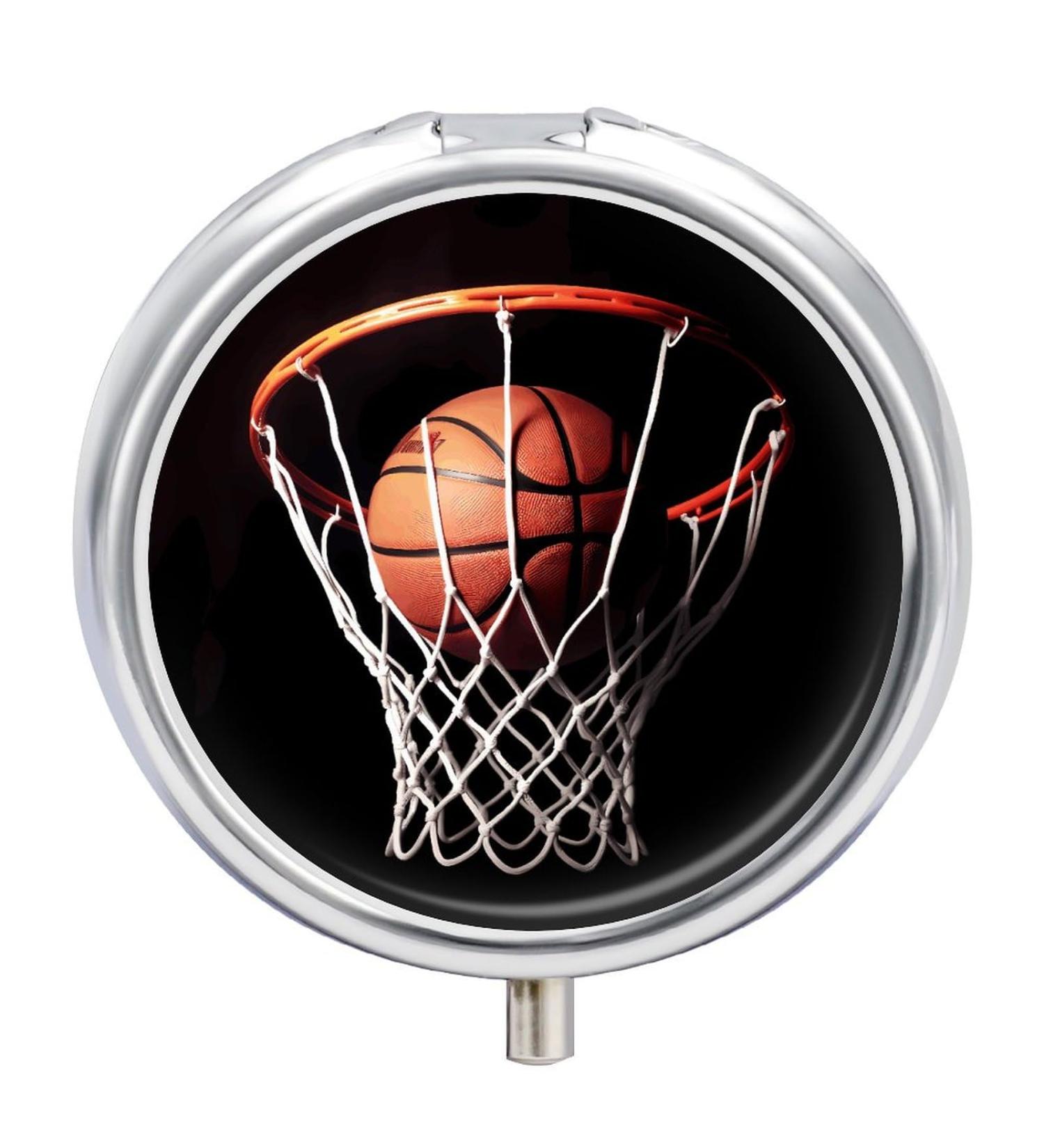 Round Basketball Print Pill Box - 3 Compartment Portable Medicine Organizer - Decorative Metal Pocket Pill Case - Buy Online on GoSupps.com