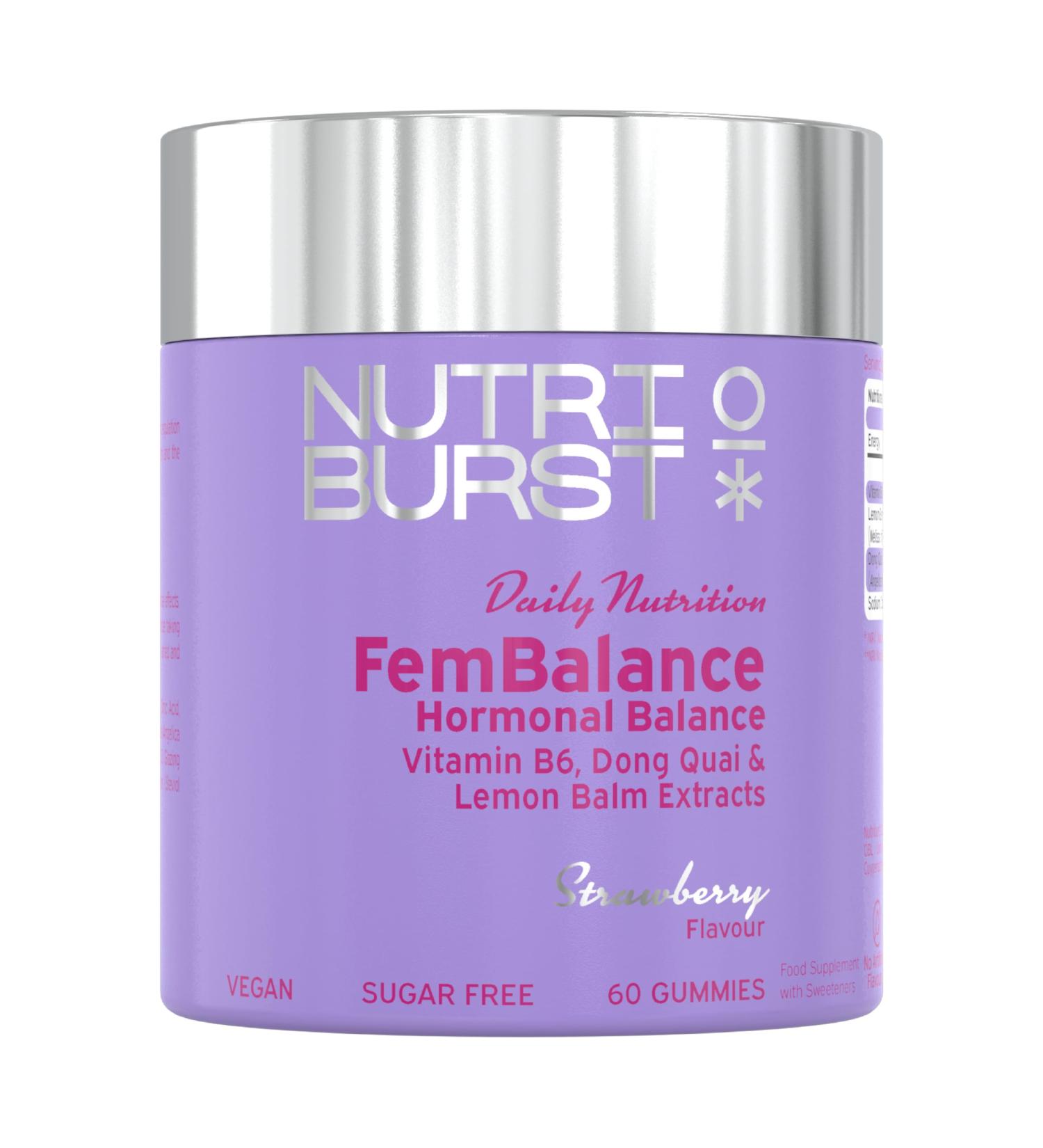 Nutriburst - FemBalance Hormone Balance for Women - Vitamin B6 Lemon Balm + Dong Quai - Regulate Hormones Support Nervous System + Reduce Tiredness - 60 Gummies 1 Month Supply - Suitable for Vegans 60 Count (Pack of 1) Fembalance - Hormone Support - Buy Online on GoSupps.com