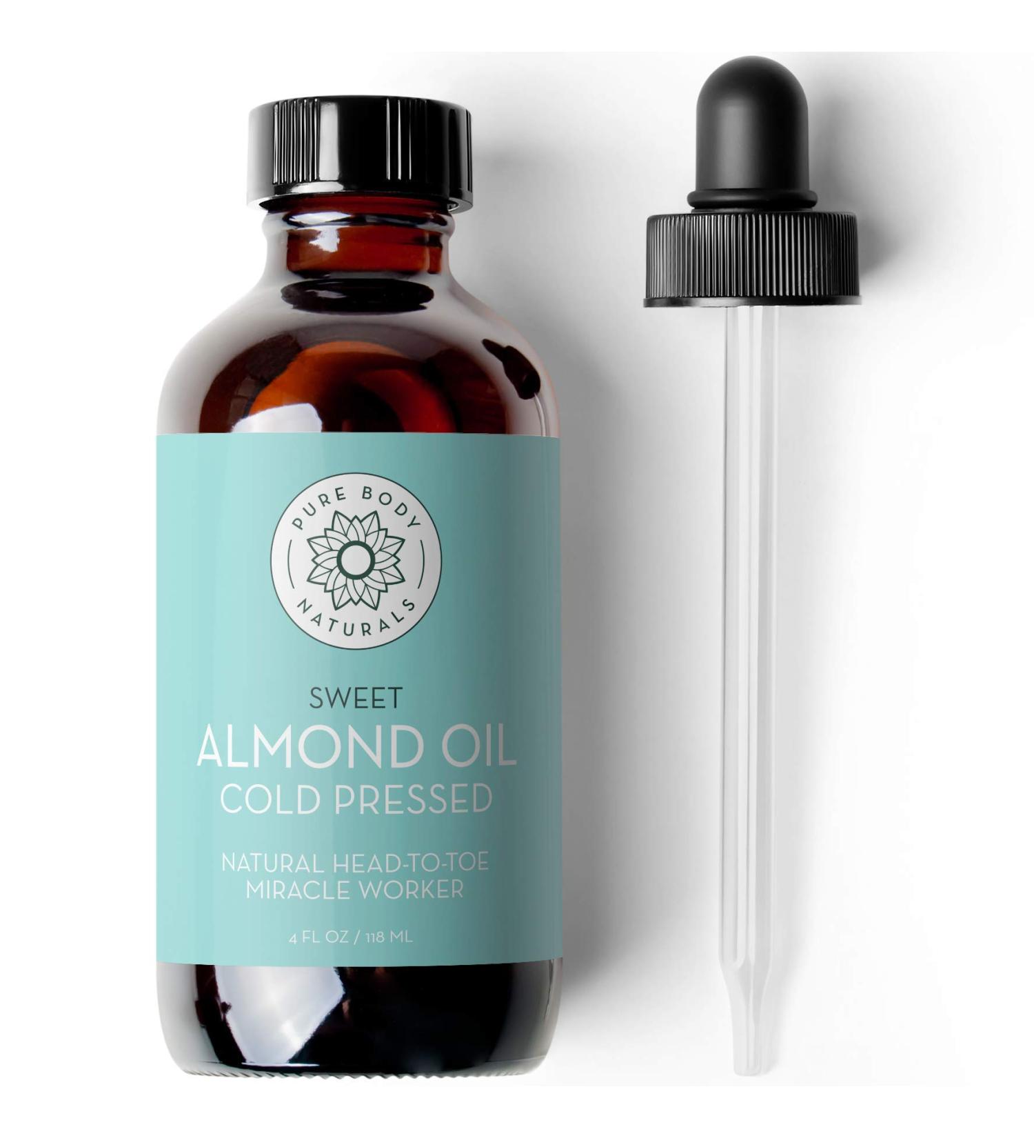 Pure Body Naturals Sweet Almond Oil 4 fl oz - Cold Pressed, 100% Pure for Hair, Skin, Nails, Massage - Carrier Oil - Buy Online on GoSupps.com