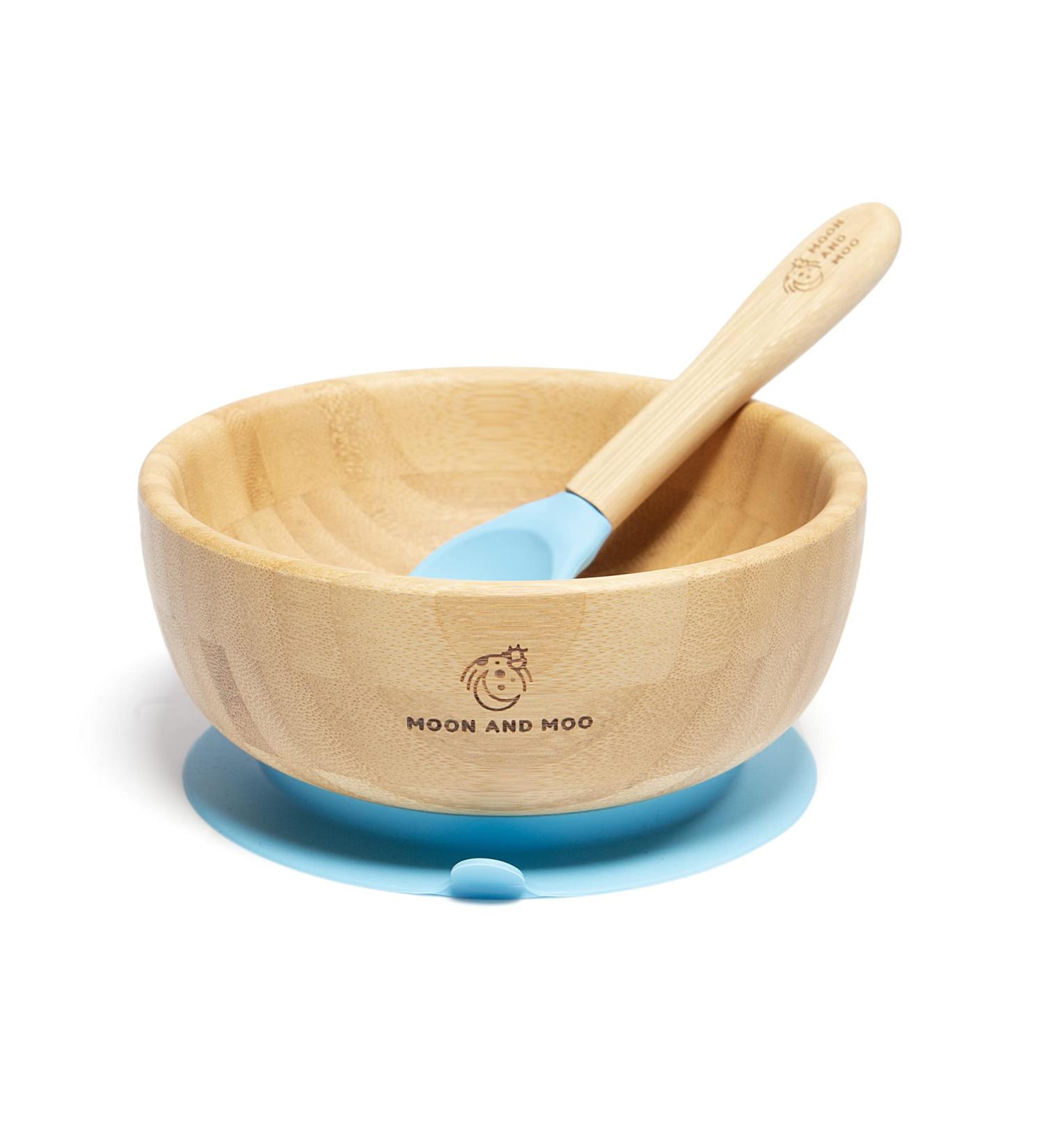 Moon and Moo Bamboo Suction Bowl and Spoon Set - Non-Toxic Baby Weaning Set Blue - Buy Online on GoSupps.com