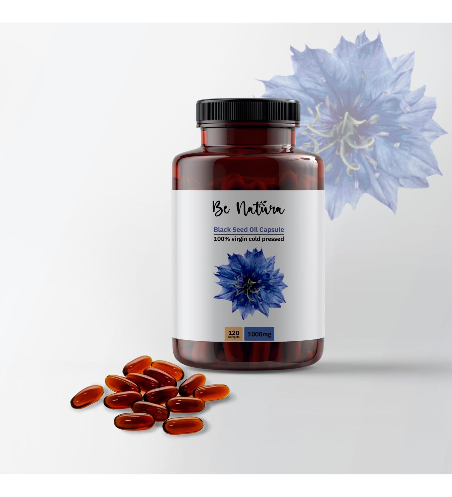 Be Natura 1000mg Blackseed Oil Capsule - 120 Softgel Capsules with More Than 20mg Thymoquenine | Premium Cold Pressed Virgin Oil | High Strength Thymoquenine for Immune- System Support Aid Digestive