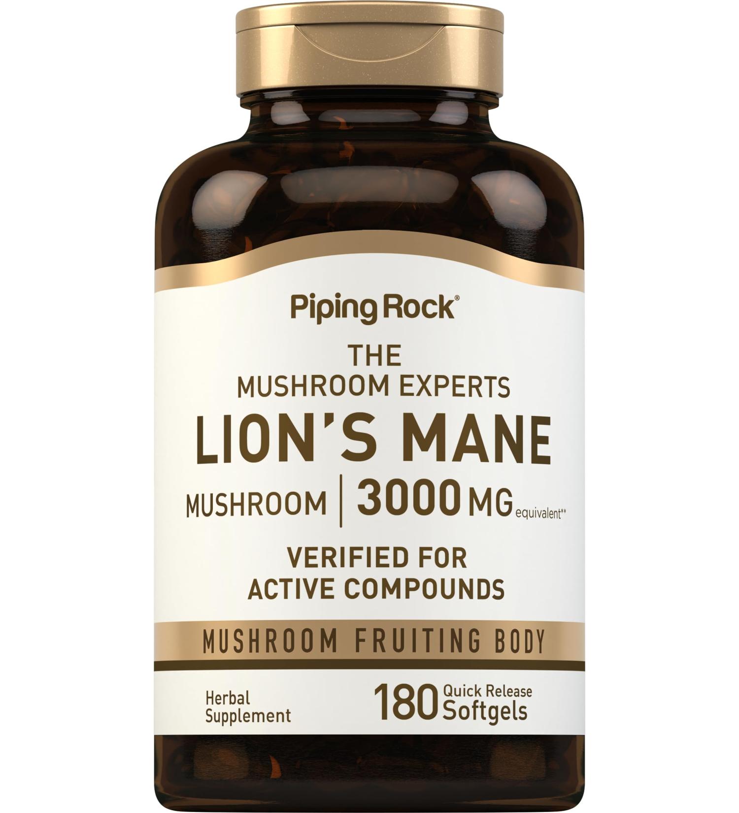 Piping Rock Lions Mane Supplement | 3000mg | 180 Softgel Capsules | Mushroom Fruiting Body Extract | Non-GMO Gluten Free - Buy Online on GoSupps.com