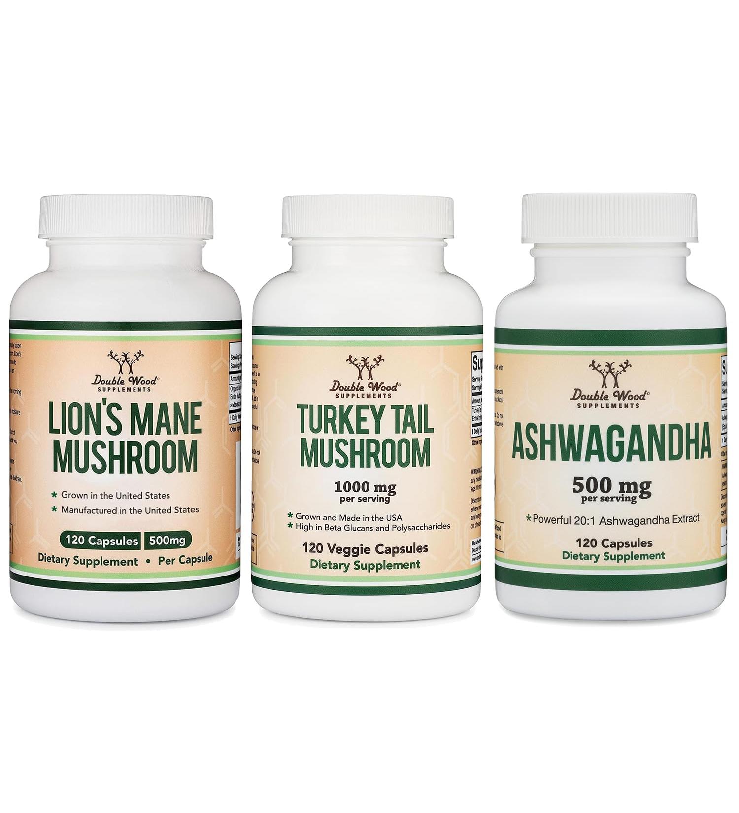 Double Wood Supplements Lion's Mane Mushroom 120 Count Turkey Tail 120 Count Ashwagandha 120 Count - Buy Online on GoSupps.com