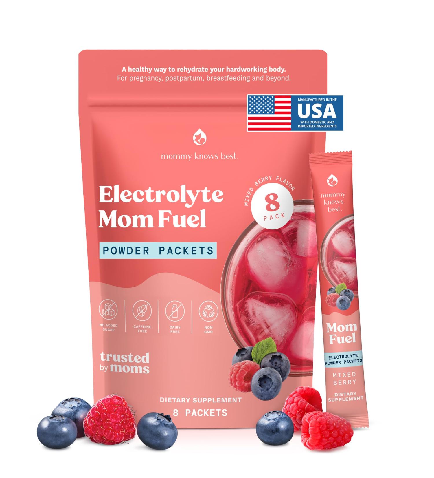 Mommy Knows Best Mom Fuel Electrolyte Drink Mix for Moms, Hydration Support - for Pregnancy, Prenatal, Electrolytes + Trace Minerals, Lactation Drink Mix Supplement (8 Count) Berry 8 Packets - Buy Online on GoSupps.com