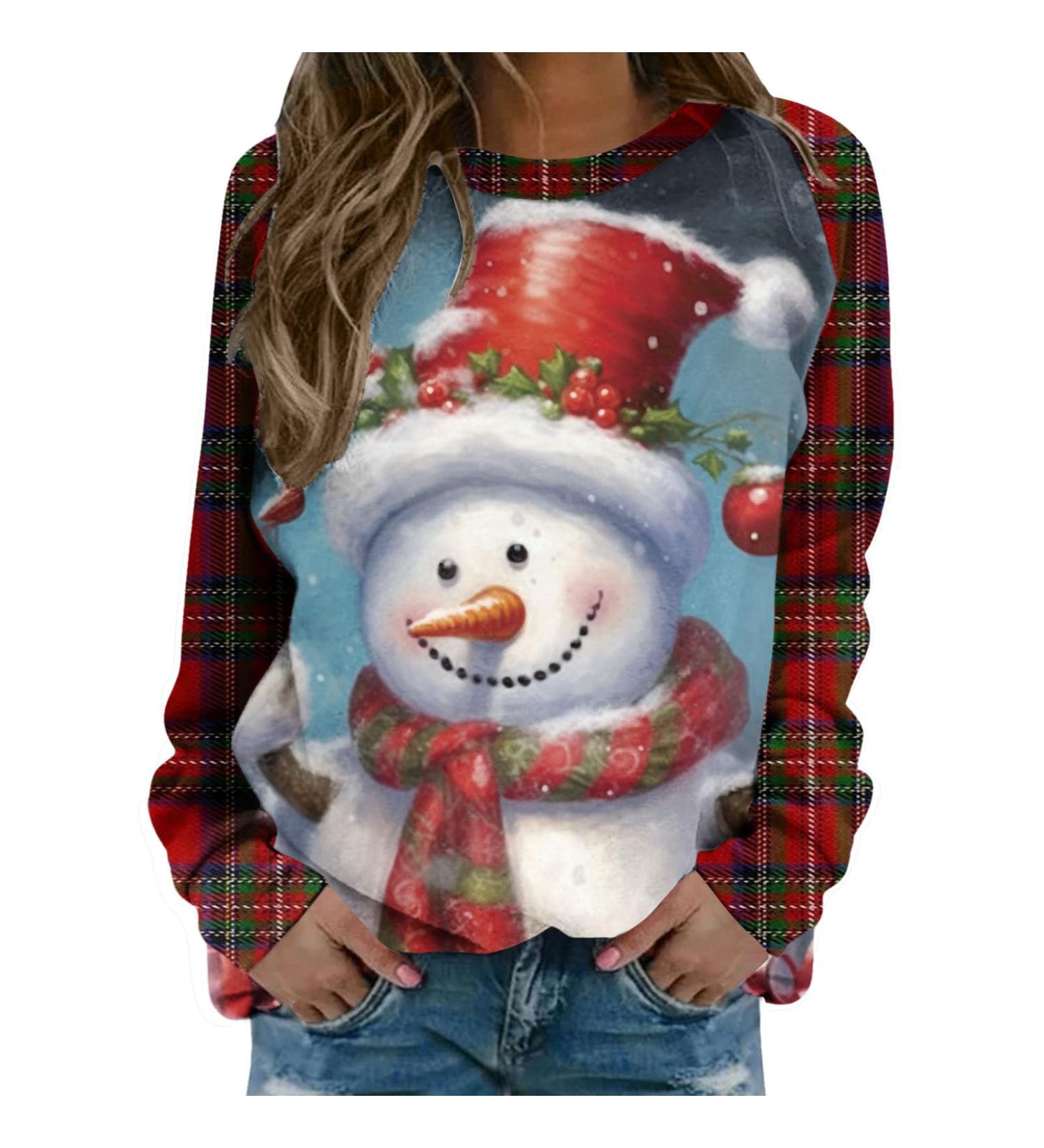Women's Christmas Sweatshirt | Cute Snowman & Penguin Print | O-Neck Raglan Pullover | Comfy & Warm Xmas Jumper | Winter Tops - Buy Online on GoSupps.com
