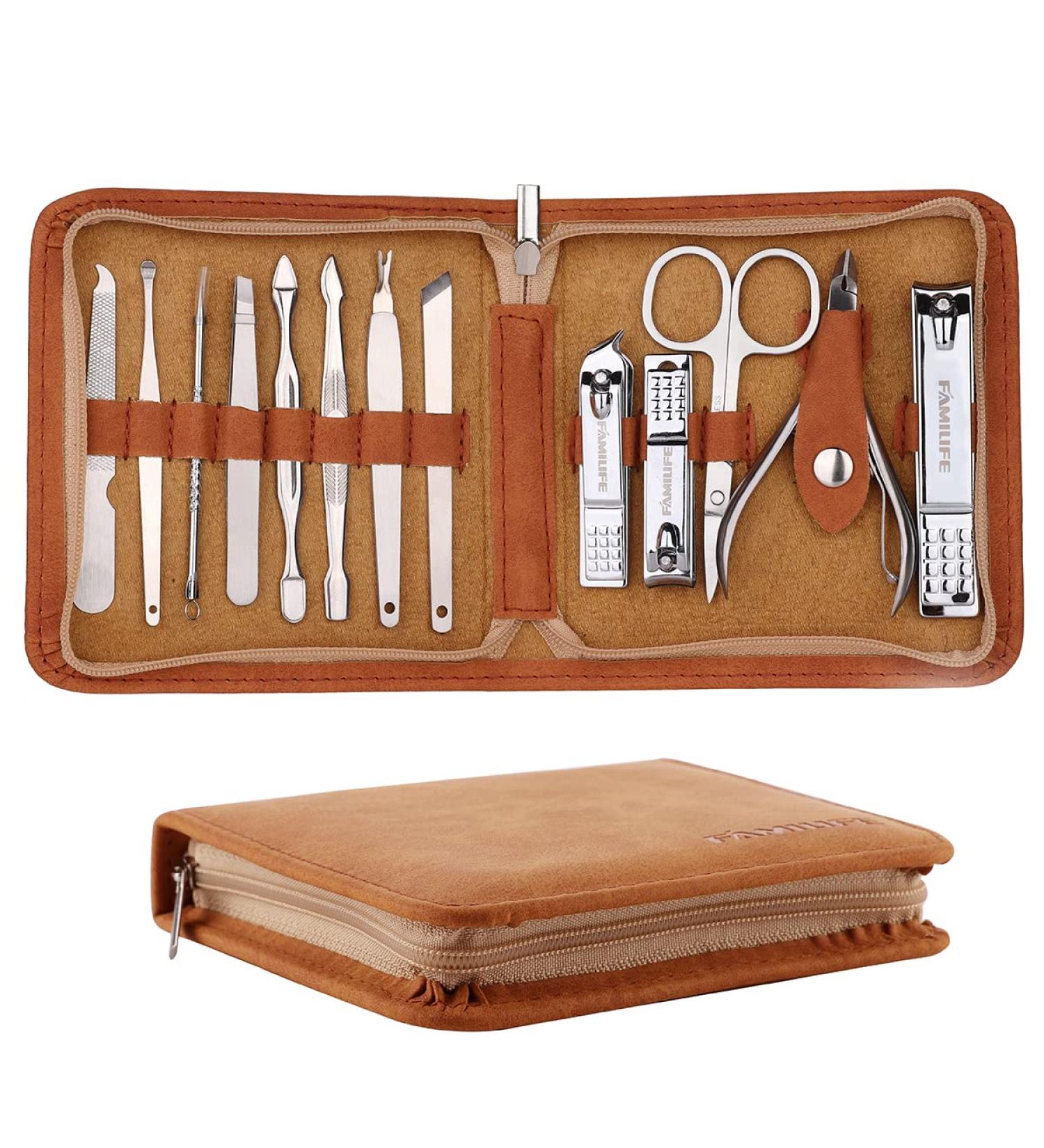 FAMILIFE 13PCS Manicure Set: Stainless Steel Professional Nail Care Kit for Men - Bright Silver - Buy Online on GoSupps.com