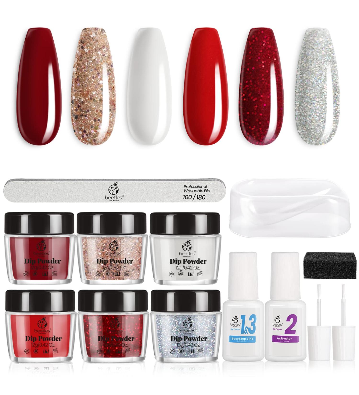Beetles 6 Colors Dip Powder Nail Kit | Candy Cane Dipping Set | Glitter Red, Snow White, Silver | Valentine's Day Gifts with Base, Top Coat, Activator | Includes Brush & Saver - Buy Online on GoSupps.com