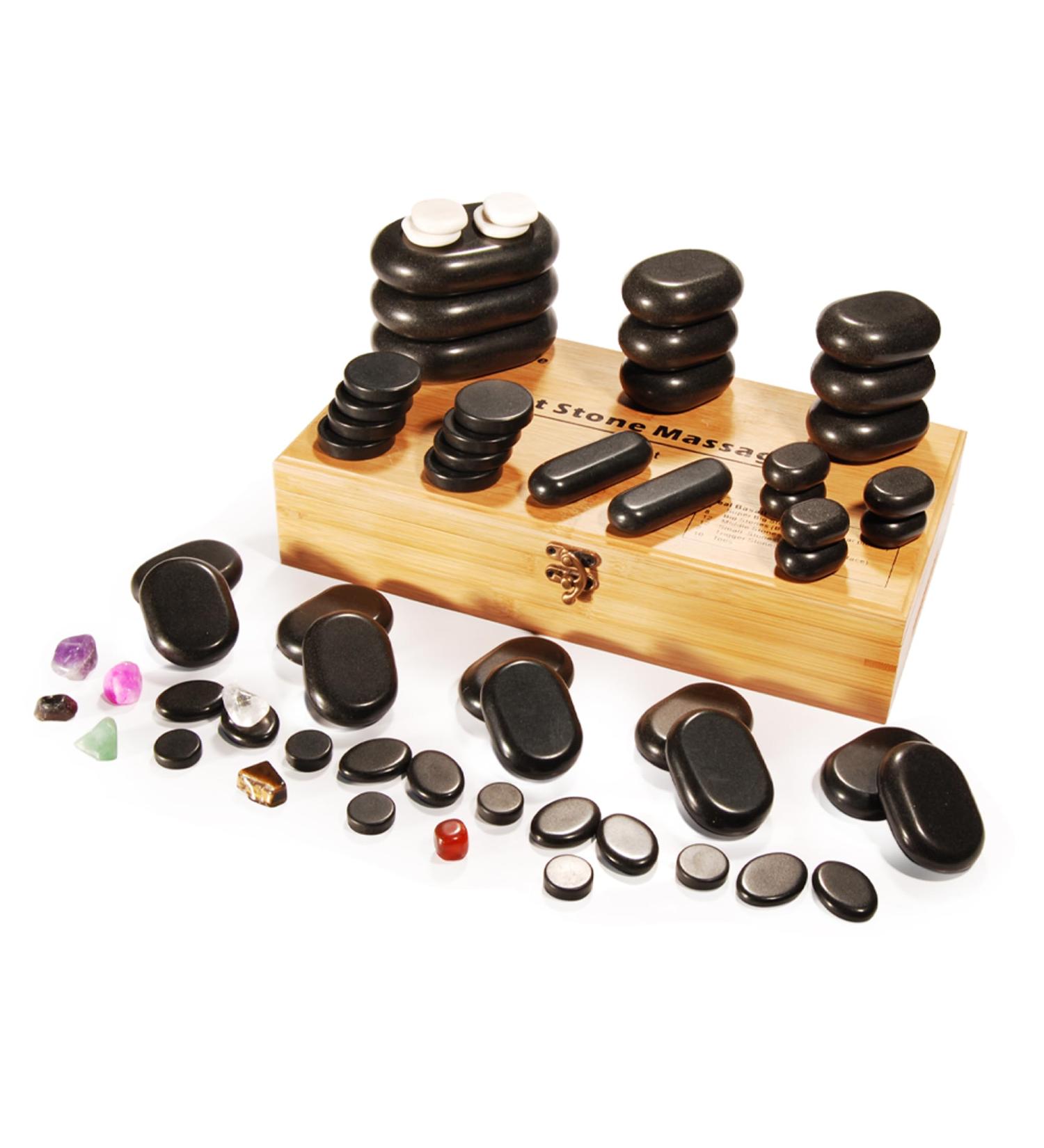 Master Massage Hot Stone Basalt Stone Set - 60 Pieces of 100% Natural Stones in Decorative Bamboo Box for Relaxation Therapy - Buy Online on GoSupps.com