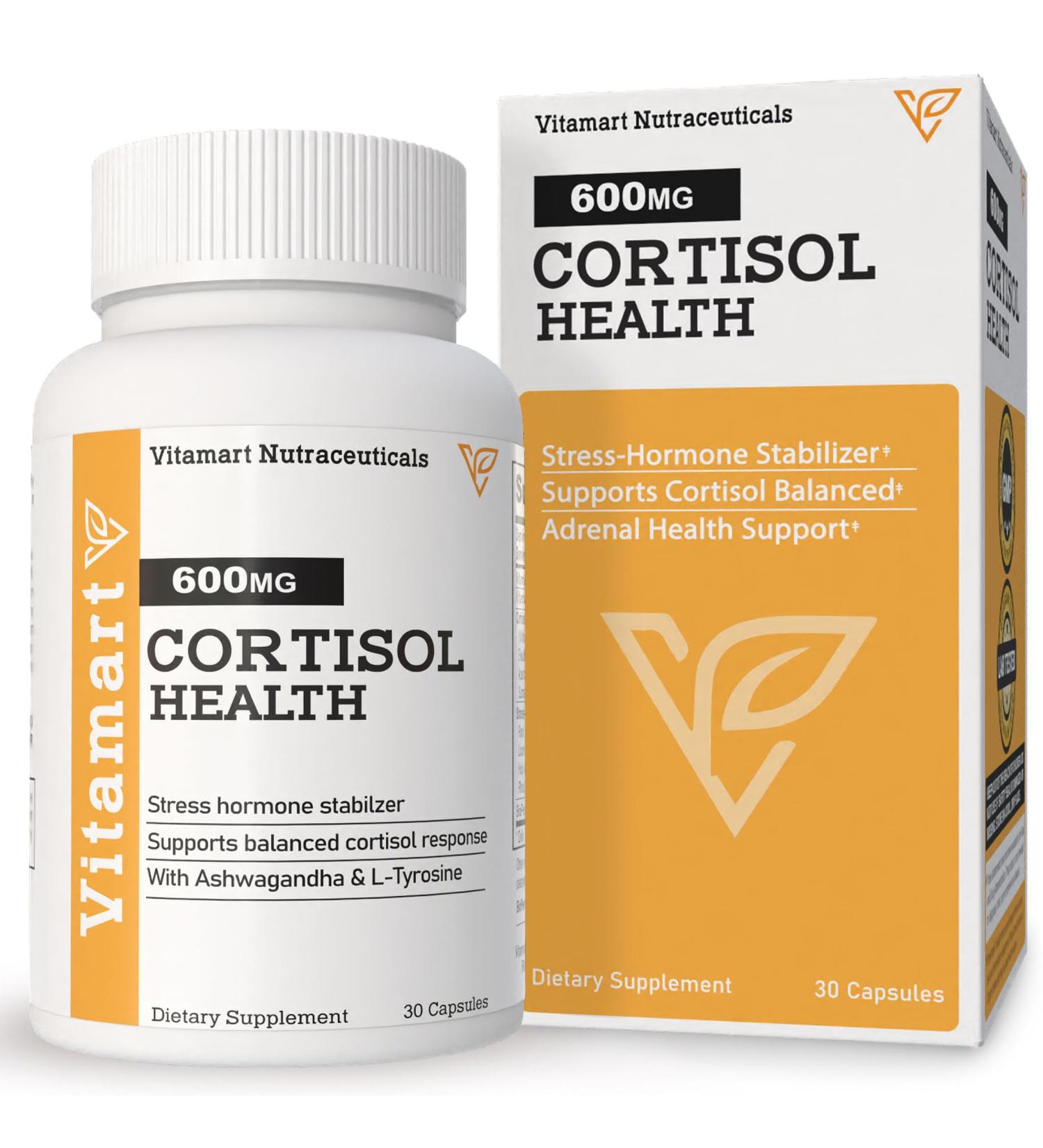 Vitamart Nutraceuticals Cortisol Health - Adrenal Health Manager Supplement for Healthy Stress Response* - Adaptogenic Formula with Ashwagandha & Sleep Support - 30 Capsules (Quick Absorbing) - Buy Online on GoSupps.com