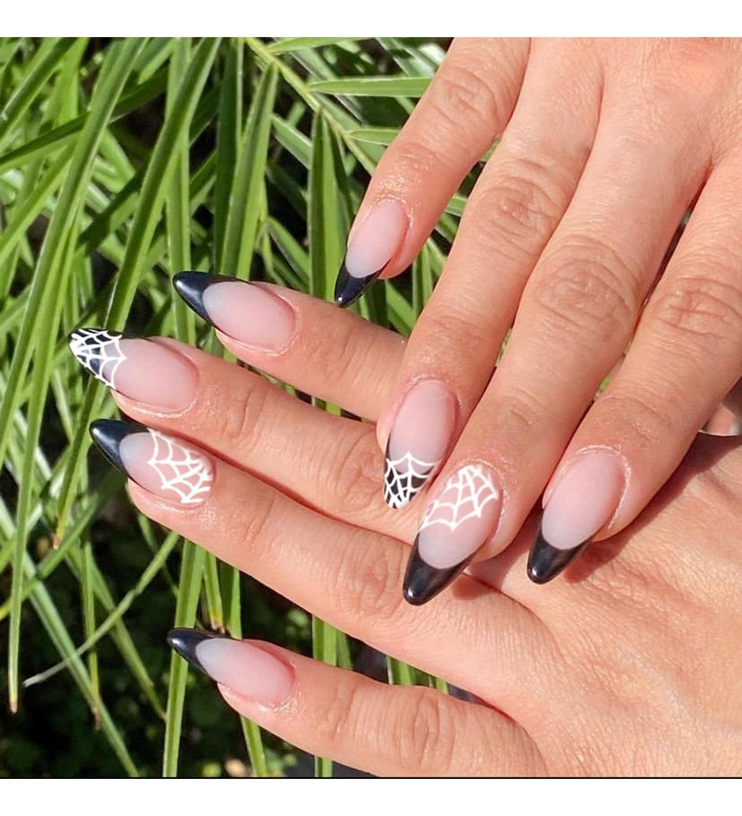 French Tip Press on Nails - Almond Shape Full Cover Acrylic | Halloween Spider Web Design - Glossy Stick-On Nails for Women/Girls - Buy Online on GoSupps.com