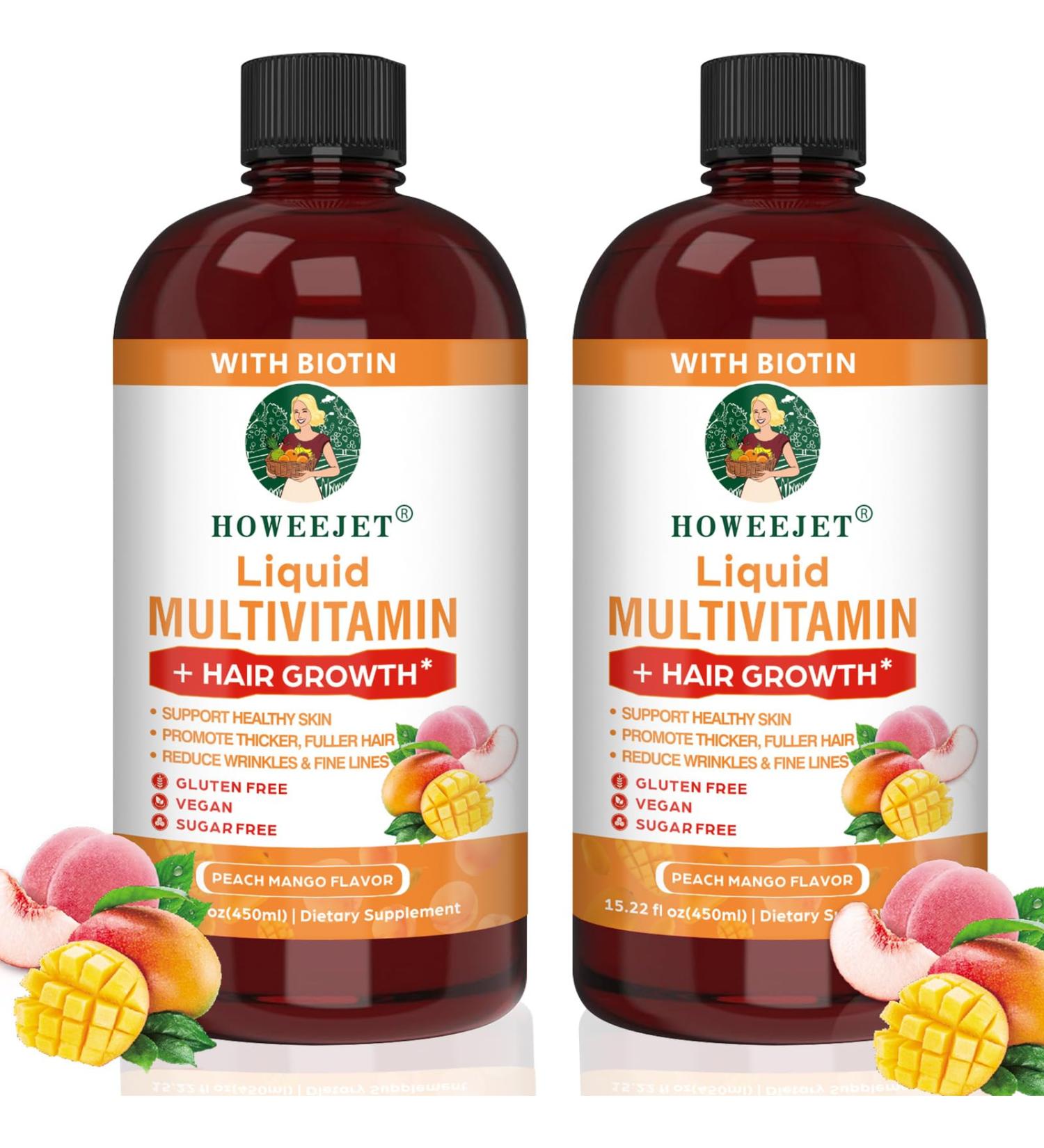 HOWEEJET Hair Growth + Liquid Multivitamin with Biotin 10000mcg Hair & Skin Support Supplement Fuller Hair Reduce Wrinkles & Fine Lines for Women & Men Ages 18+ 15.22 fl oz (2) - Buy Online on GoSupps.com
