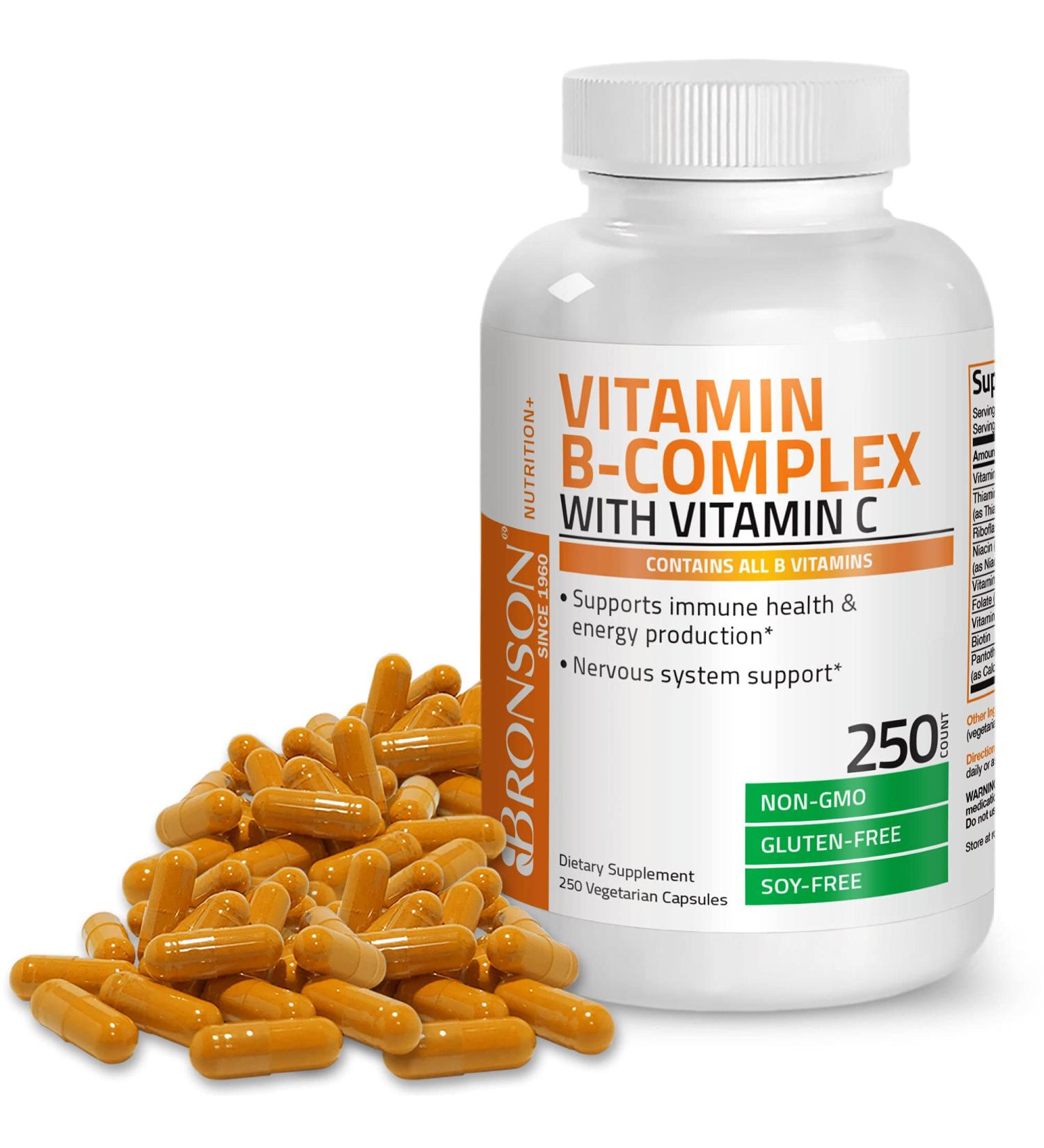 Bronson Vitamin B Complex with Vitamin C - Immune Health & Energy Support - 250 Vegetarian Capsules - Buy Online on GoSupps.com