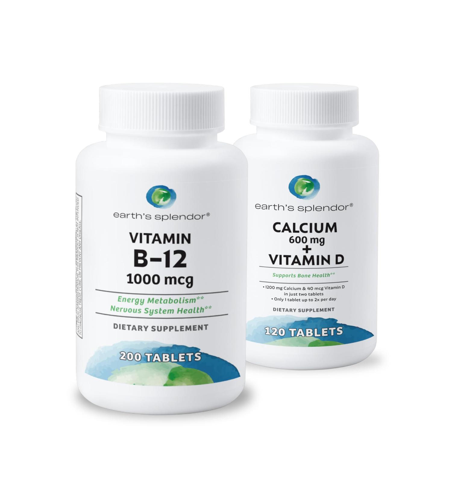 Earth's Splendor Energy + Bone Support Energy Bundle: Vitamin B12 & Calcium+Vitamin D Bundle. Gluten Free No Artificial Flavors or Colors Helps Energy Metabolism & Bone Health - Buy Online on GoSupps.com
