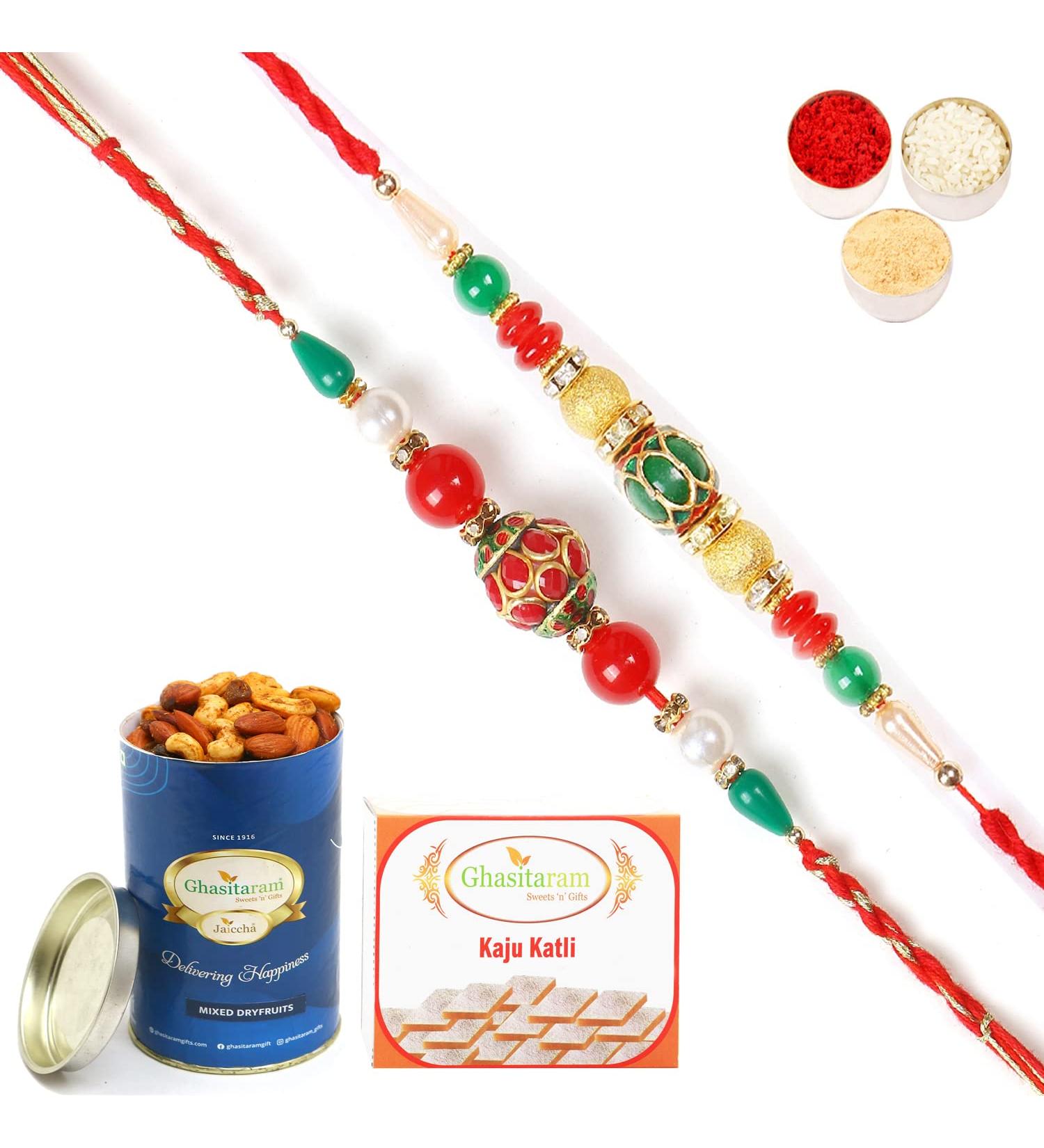 Ghasitaram Gifts Rakhi for Brother Rakhis Online - Set of 2 268 270 Fancy Rakhis with 100 GMS of Dryfruits Mix Can 200 GMS of Kaju katli - Buy Online on GoSupps.com