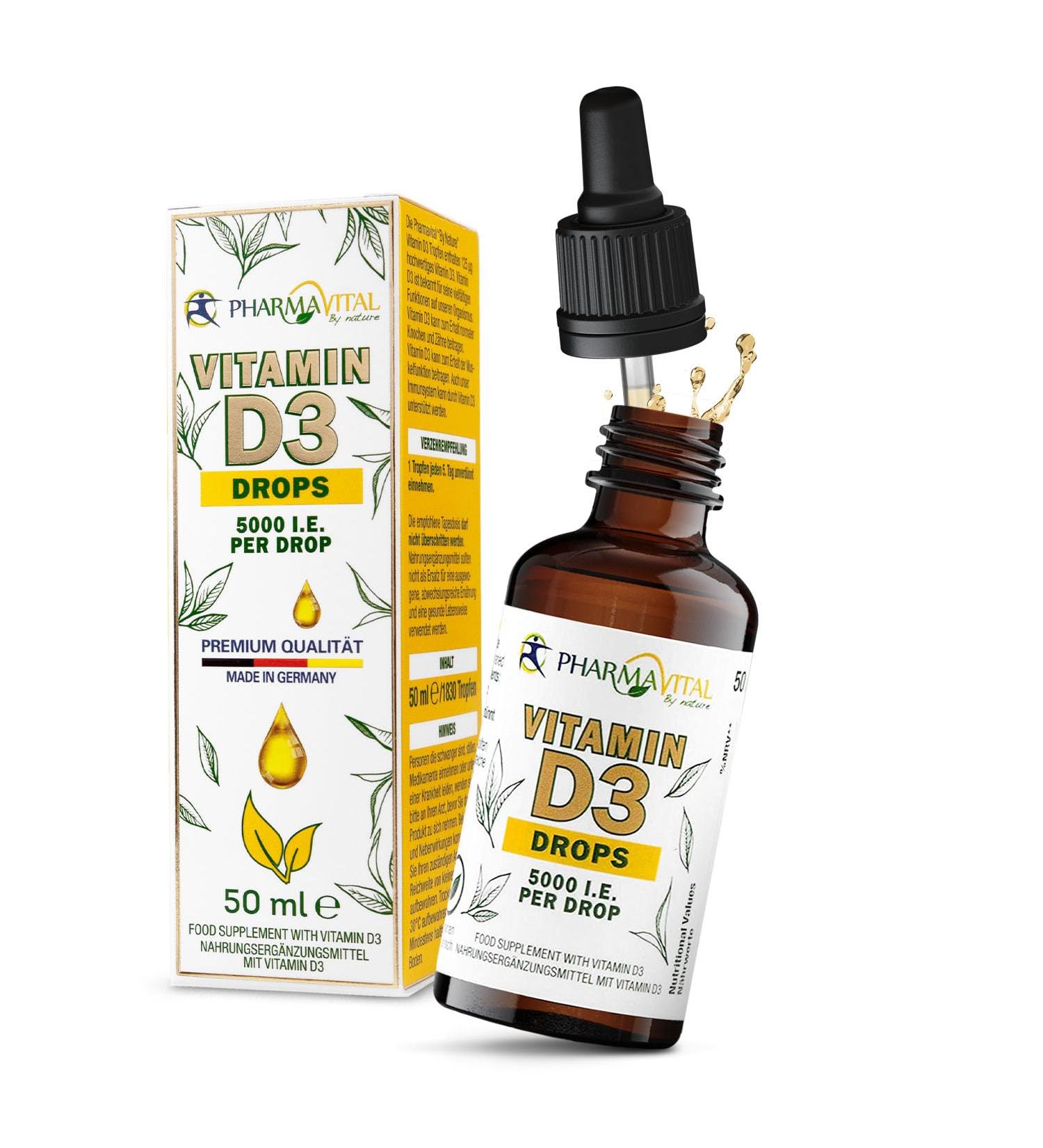 Pharmavital Vitamin D3 Drops 5000 IU - 50ml High-Quality Immune Support Vegetarian Liquid for Bones & Muscles - Laboratory Tested 1830 Drops - Buy Online on GoSupps.com