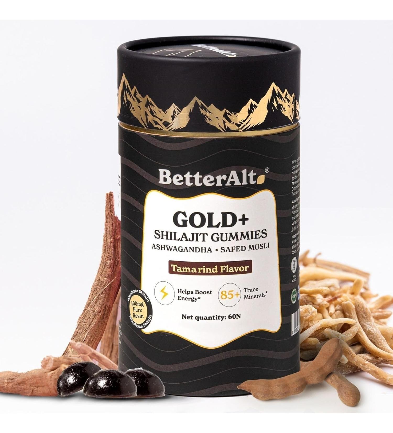 Better Alt Gold+ Shilajit Gummies | with Ashwagandha Safed Musli Shilajit Resin & Ginger |Helps Boost Energy & Improves Stamina |1-Month Dietary Supplement|60 Gummies Gold+ Gummies - Buy Online on GoSupps.com