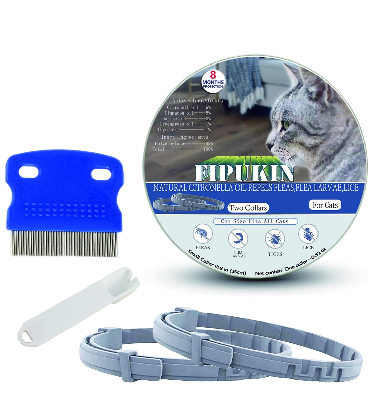 Fipukin Natural Flea & Tick Collar for Cats - Waterproof, Safe, One Size Fits All - 2-Pack with Free Comb & Tick Removal Tool - Supports Charity - Buy Online on GoSupps.com
