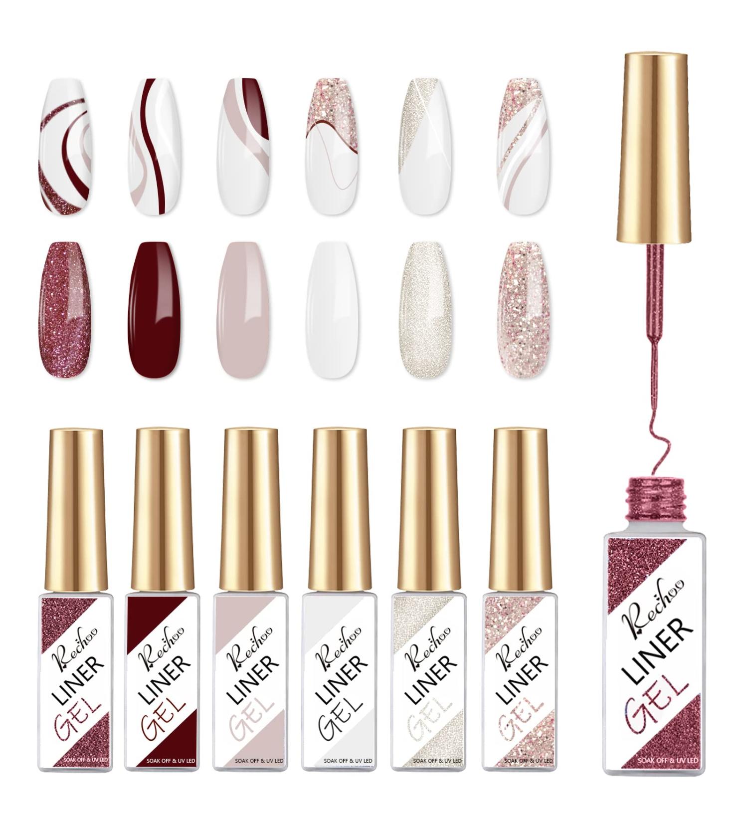 Rechoo 6Pcs Gel Nail Set Dark Red Nude & Glitter UV Gel Liner | Nail Art Colors for Stunning Designs | 8ml Gel Polish for Perfect Nail Art - Buy Online on GoSupps.com