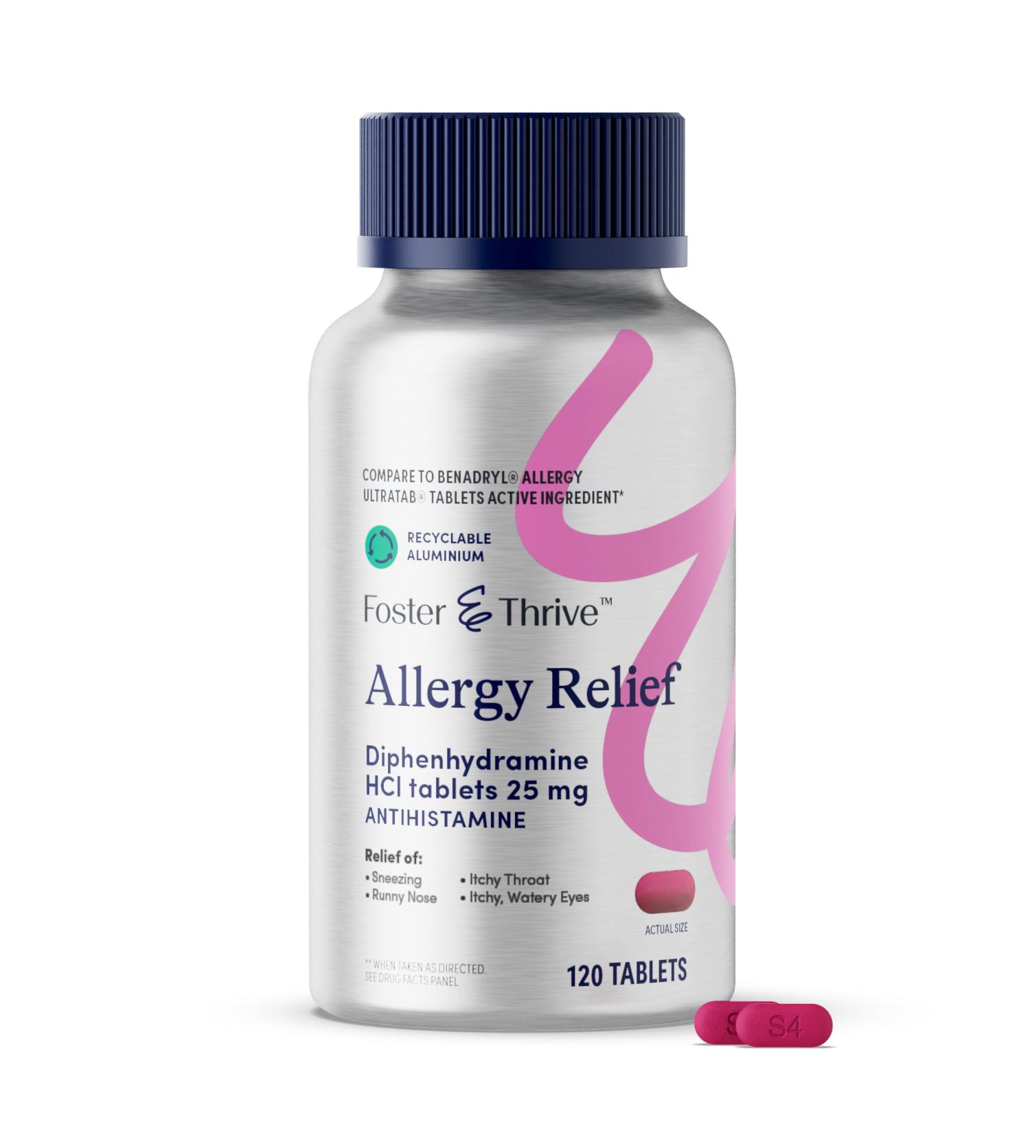 Foster & Thrive Diphenhydramine 25mg Allergy Relief for Seasonal Allergies Itchy Watery Eyes Sneezing Runny Nose Fast-Acting Antihistamine Medicine for Children and Adults - Buy Online on GoSupps.com