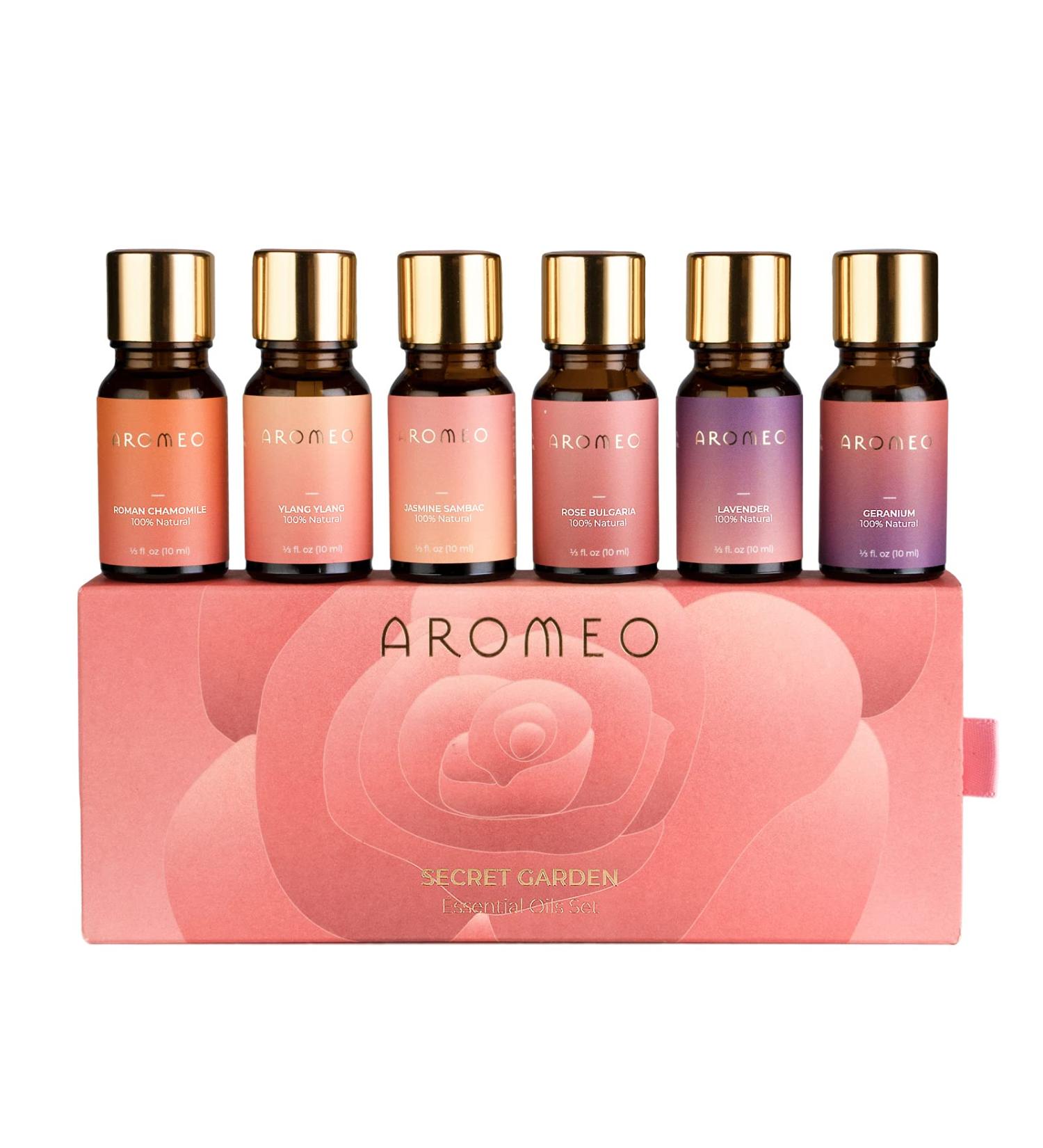 AROMEO 6 Floral Essential Oils Set for Skin, Hair, Diffuser & Laundry - Rose, Jasmine, Lavender, Ylang Ylang, Geranium, Chamomile Oils - Buy Online on GoSupps.com