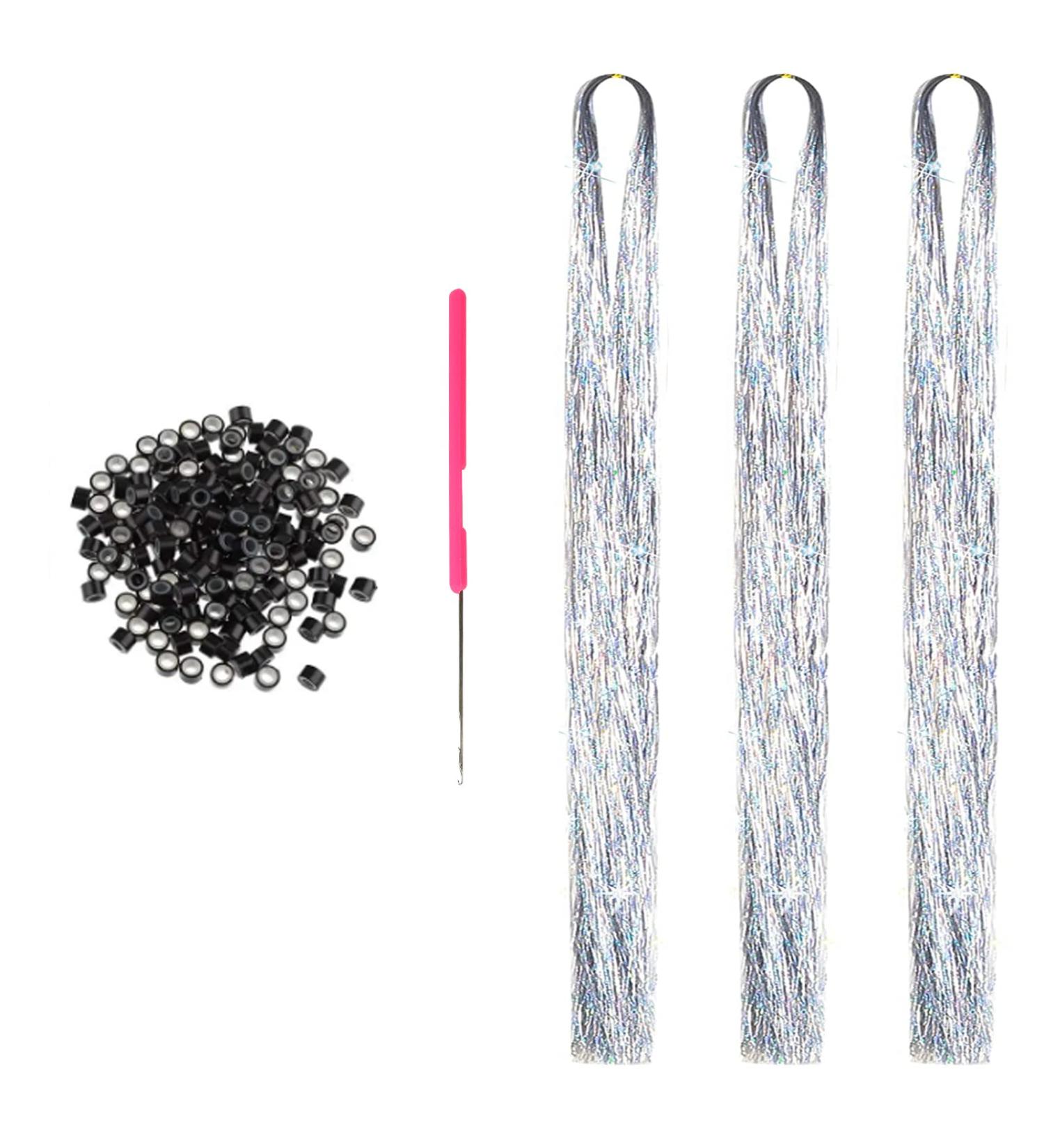 Sparkling 48 Inch Silver Hair Tinsel Extensions Kit - 600 Strands with Tools for Women & Girls - Heat Resistant Glitter Tinsel - Buy Online on GoSupps.com