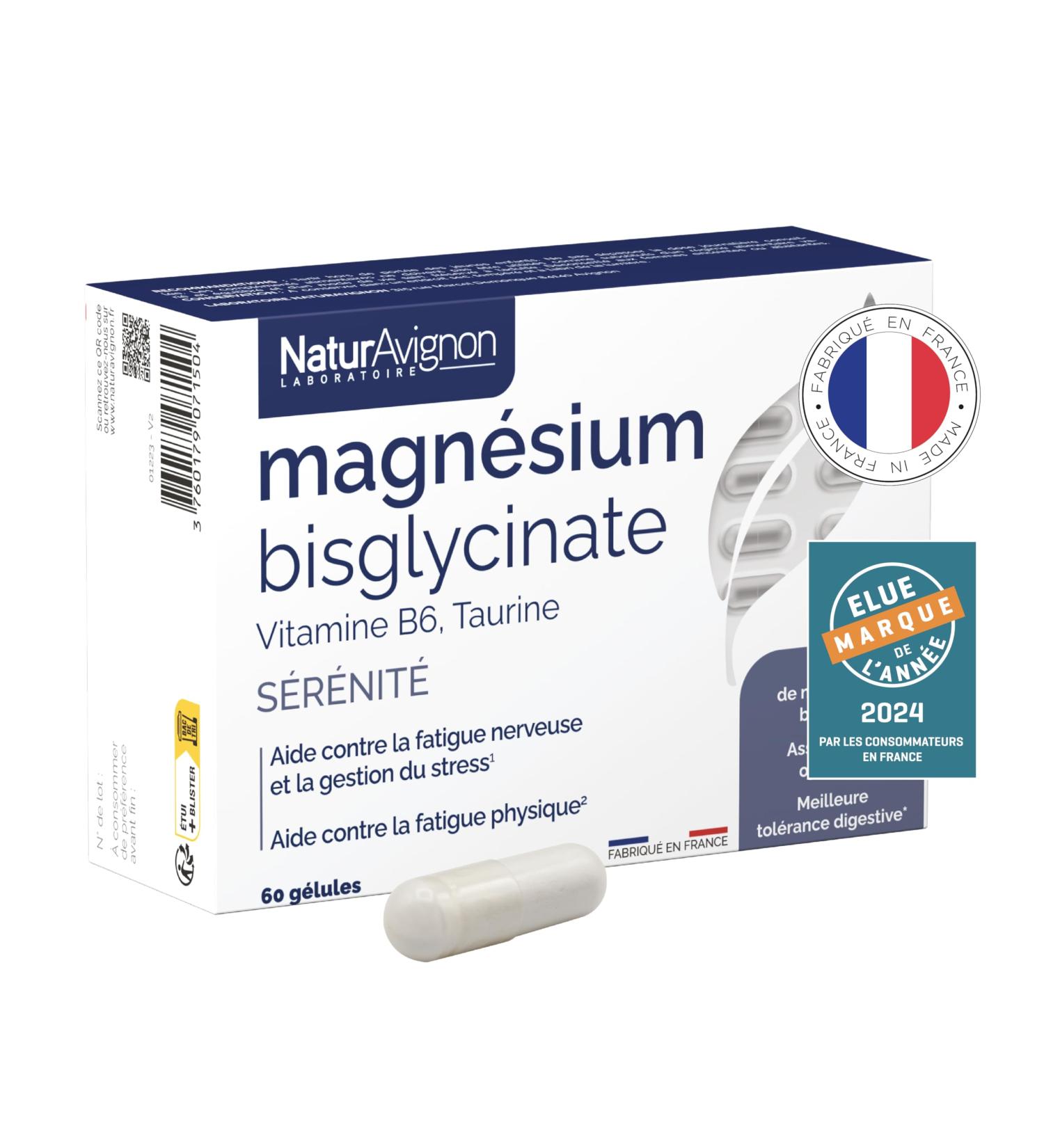 NaturAvignon Laboratory Magnesium Bisglycinate + Taurine + Vitamin B6 | High Absorption Superior to Marine Magnesium | Nervous & Physical Fatigue Stress | Made in France | 60 Capsules (1 Month) - Buy Online on GoSupps.com