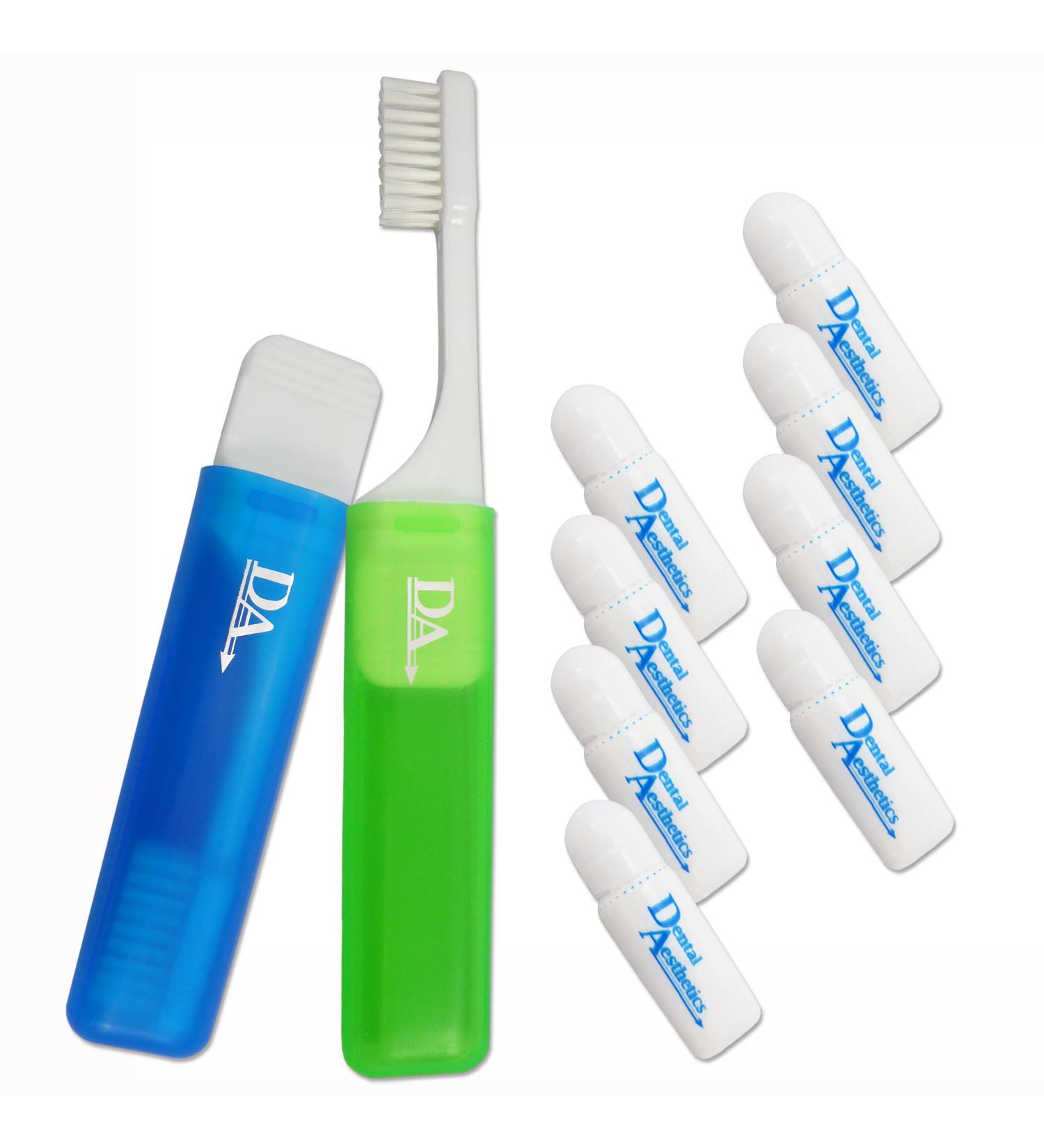 Travel Toothbrush Set with Mint Toothpaste 2 Travel Brushes & 8 Mini 3g Tubes | Ideal for Dental Aesthetics & International Shipping - Buy Online on GoSupps.com