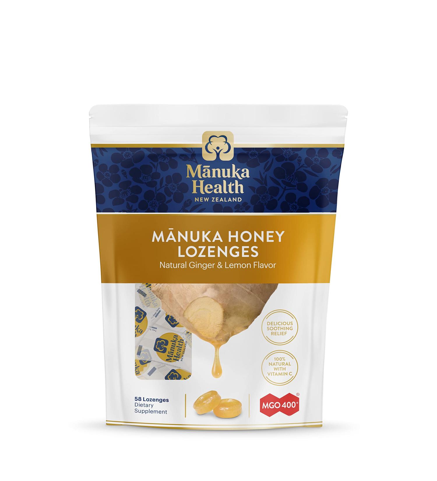 Manuka Health MGO 400+ Manuka Honey Lozenges with Lemon & Ginger - 58 Count - 8.8 oz - 100% Natural with Vitamin C - Buy Online on GoSupps.com