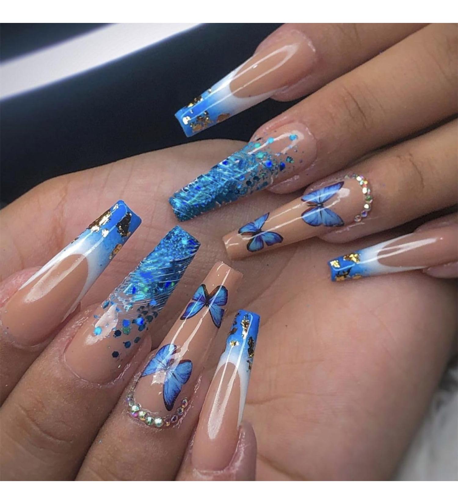 24Pcs/Set Press On Nails Blue Butterfly Sparkling Diamond Long Ballet False Nails Acrylic Fake Nails Full Cover Nails Tips Artificial Finger Manicure Press on nails for Women and Girls - Buy Online on GoSupps.com