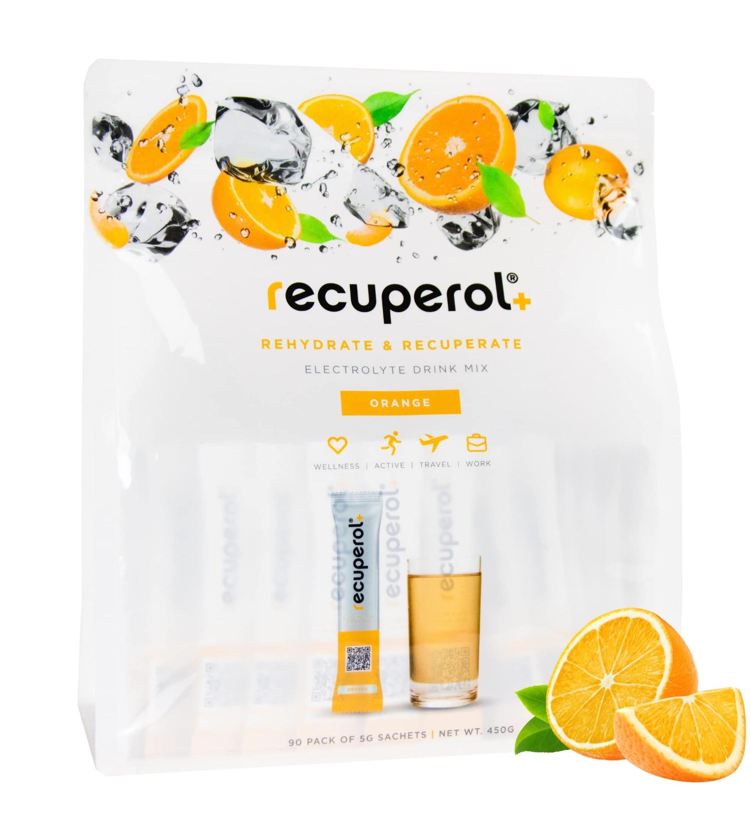 Recuperol Electrolyte Powder Supplement - 90 Sachets for Dehydration Recovery with Zinc, Vitamin C, B12, D3, Potassium - Orange Flavour - Buy Online on GoSupps.com