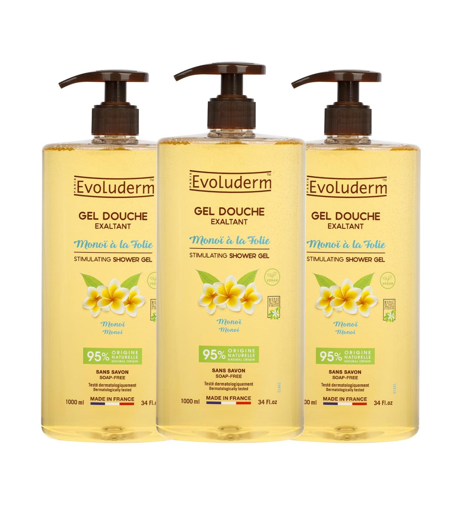  Evoluderm EVOLUDERM - Exhilarating Monoi Shower Gel - 1000 ml - 95% Natural Origin - Vegan - Made in France - Pack of 3 x 1000 ml - Buy Online on GoSupps.com