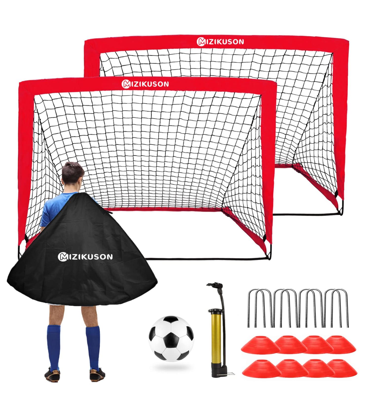 Set of 2 Portable Soccer Goals for Kids | Indoor Pop Up 4'x3' Toddler Soccer Nets with Training Equipment & Cones - Red - Buy Online on GoSupps.com