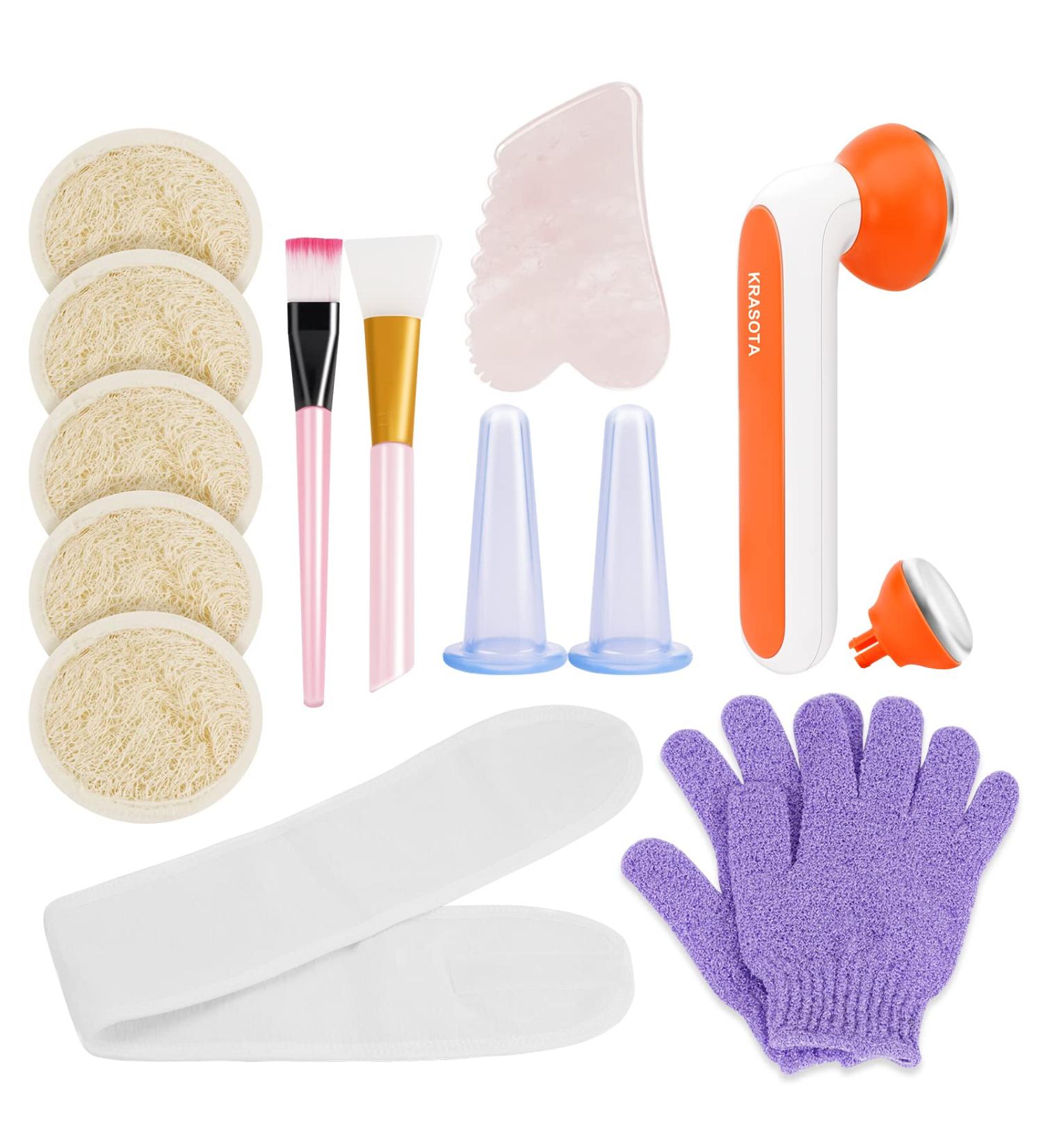 Facial Massage Tools Set - Ice Roller Gua Sha Exfoliating Sponge Cupping Cups | Perfect Skin Care Gift for Mom Wife Girlfriend - Buy Online on GoSupps.com