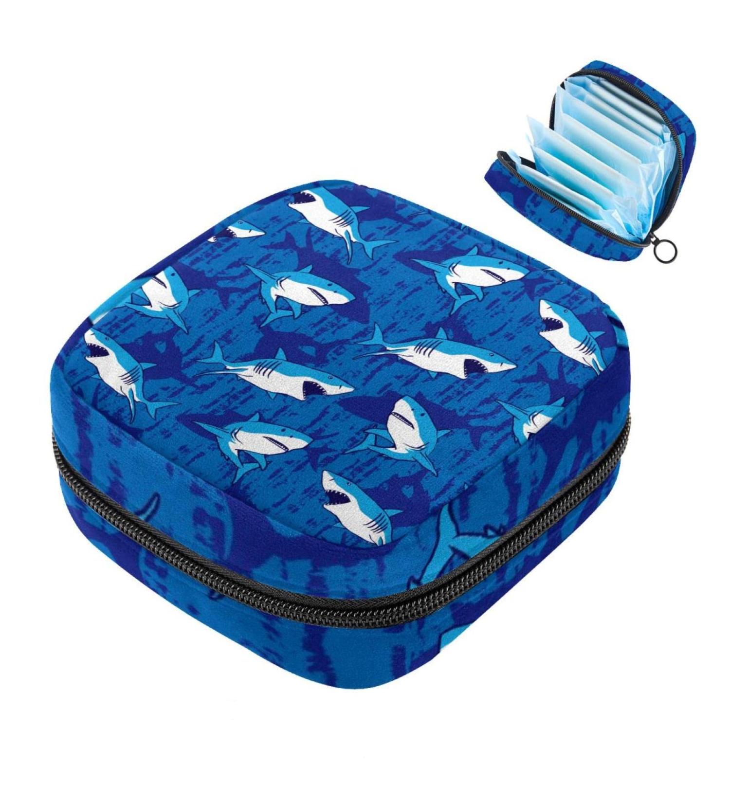 Blue Shark Underwater Animal Women Bands Storage Bag - Large Capacity Menstrual Cup Pocket & Makeup Organizer for Travel - Buy Online on GoSupps.com