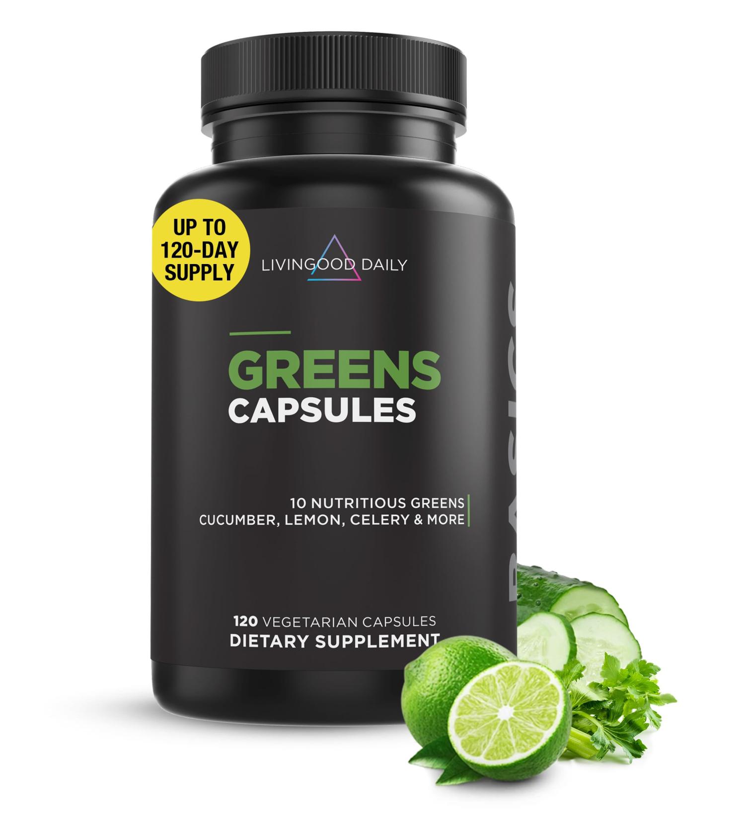 Livingood Daily Greens Capsules Super Greens Supplement with Spirulina Chlorella Broccoli Spinach Celery Lemon & More Plant Based for Digestion & Gut Health Non GMO Vegetarian 120 Ct - Buy Online on GoSupps.com