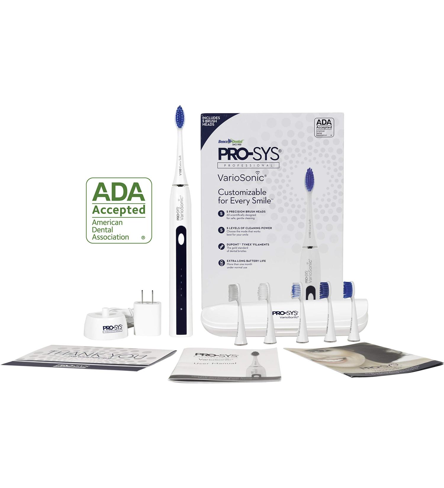 PRO-SYS VarioSonic Rechargeable Electric Toothbrush | Smart Sonic 25 Cleaning Modes | ADA Accepted | Timer, 5 Speeds, Travel Case | 5 Dupont Brush Heads - Buy Online on GoSupps.com