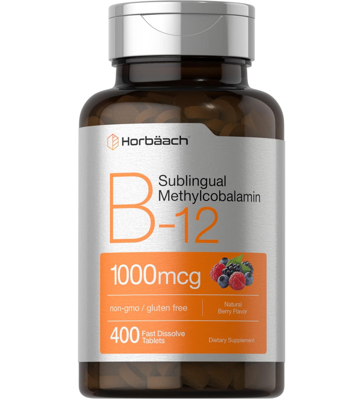 Vitamin B12 Sublingual 1000 mcg | 400 Fast Dissolve Tablets | Methylcobalamin Supplement for Adults | Natural Berry Flavor | Vegan, Vegetarian, Non-GMO | Gluten Free by Horbaach - Buy Online on GoSupps.com
